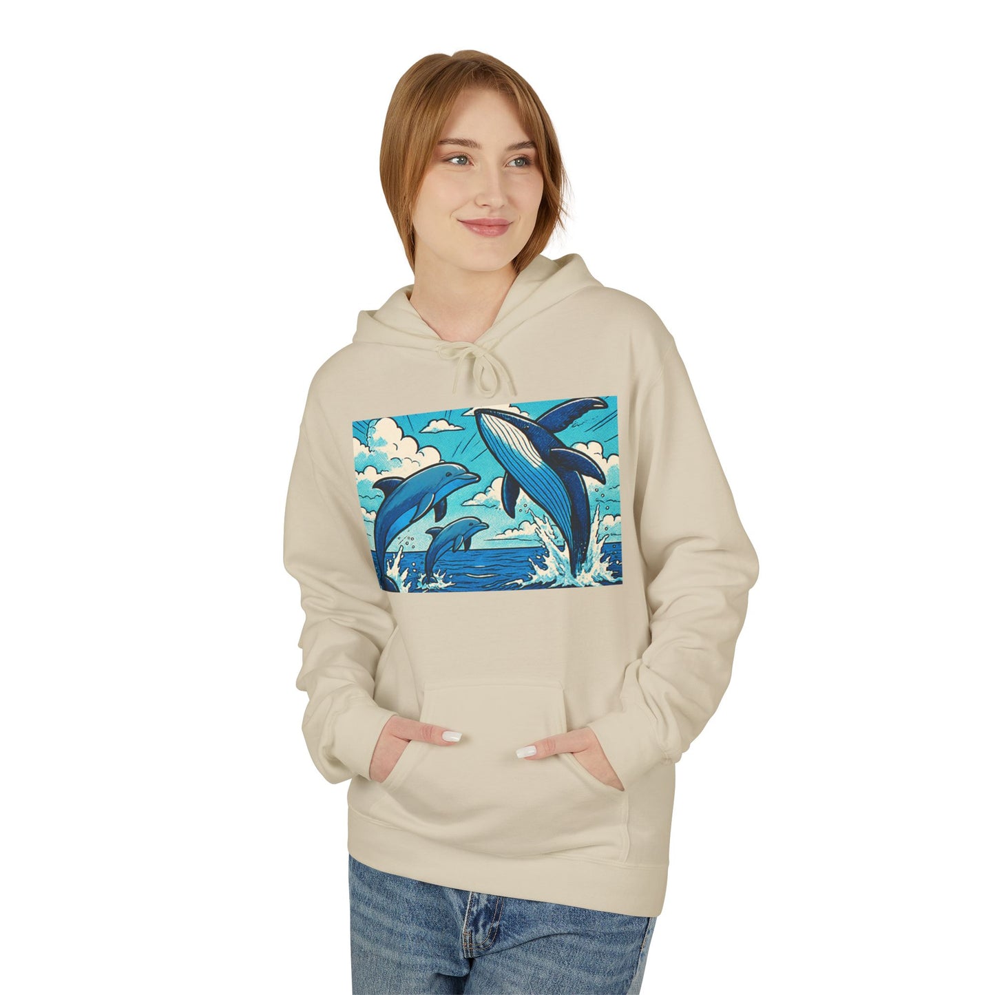 Dolphin Wave Hoodie - Unisex Fleece, Beach Vibes, Gift for Ocean Lovers, Nautical Style, Casual Wear, Summer Essentials