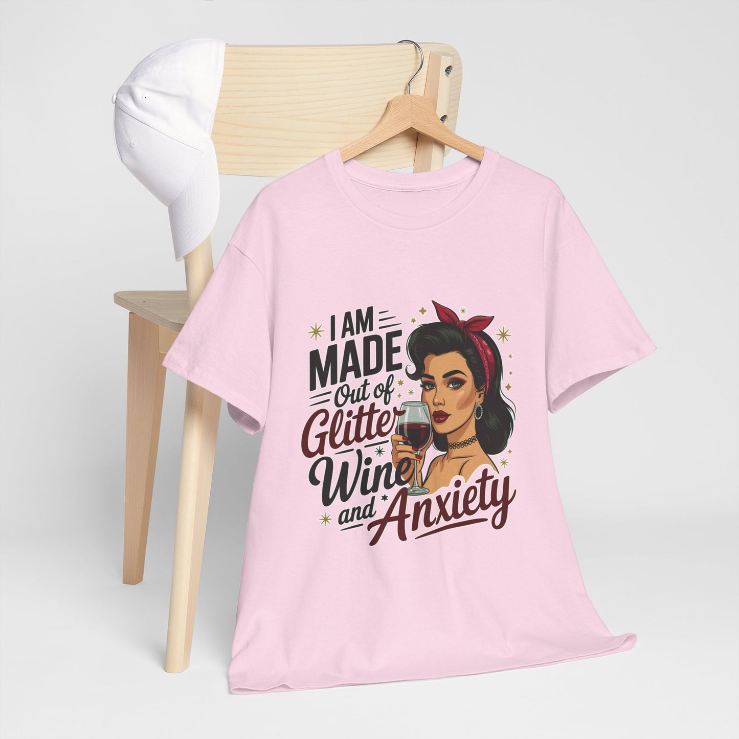 Glitter Wine & Anxiety Tee, Fun Unisex Cotton T-Shirt, Casual Gift for Wine Lovers, Relaxed Fit for Parties, Statement Top