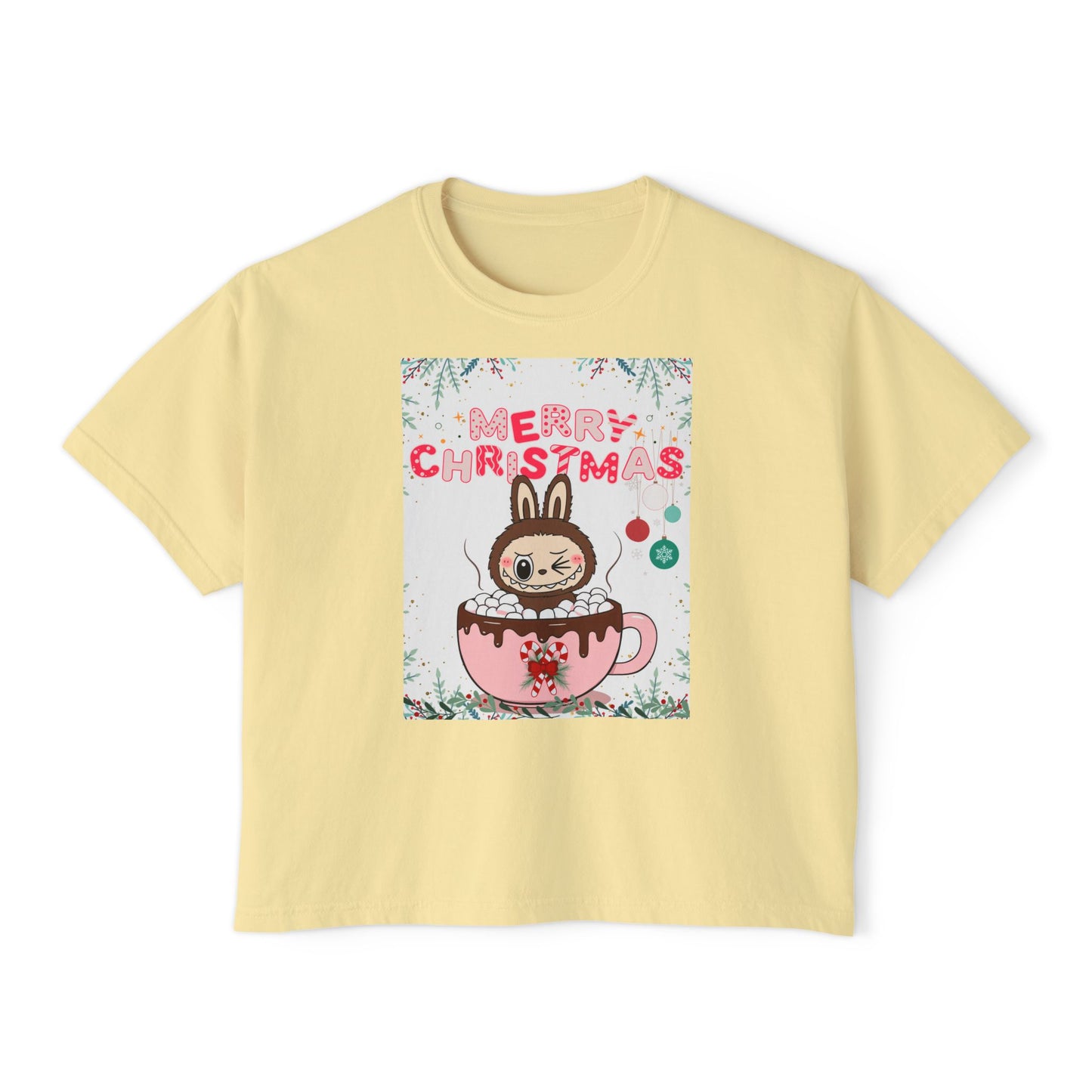 Merry Christmas Bunny Boxy Tee, Cute Christmas Shirt, Holiday Gift, Women's Christmas Top, Festive Tee for Girls