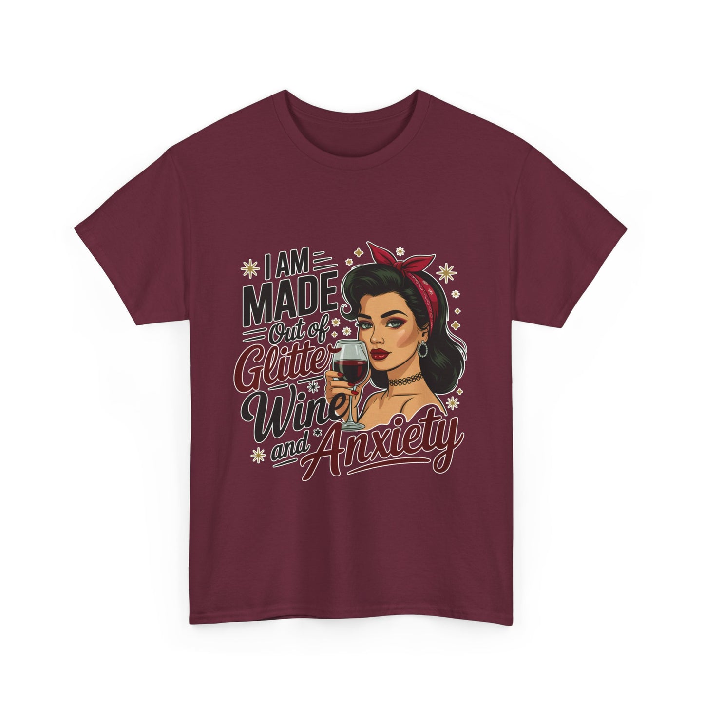 Glitter Wine & Anxiety Tee, Fun Unisex Cotton T-Shirt, Casual Gift for Wine Lovers, Relaxed Fit for Parties, Statement Top