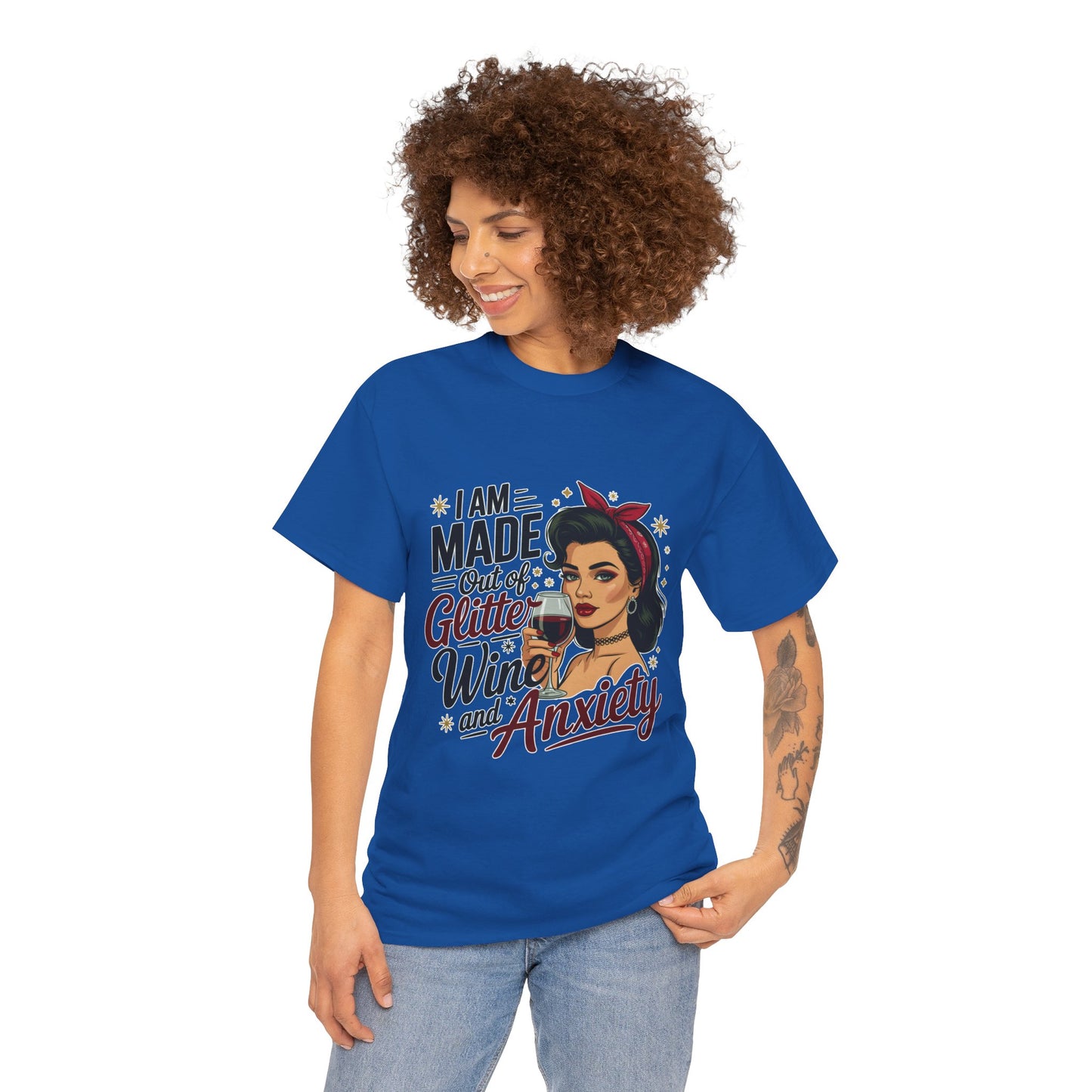 Glitter Wine & Anxiety Tee, Fun Unisex Cotton T-Shirt, Casual Gift for Wine Lovers, Relaxed Fit for Parties, Statement Top