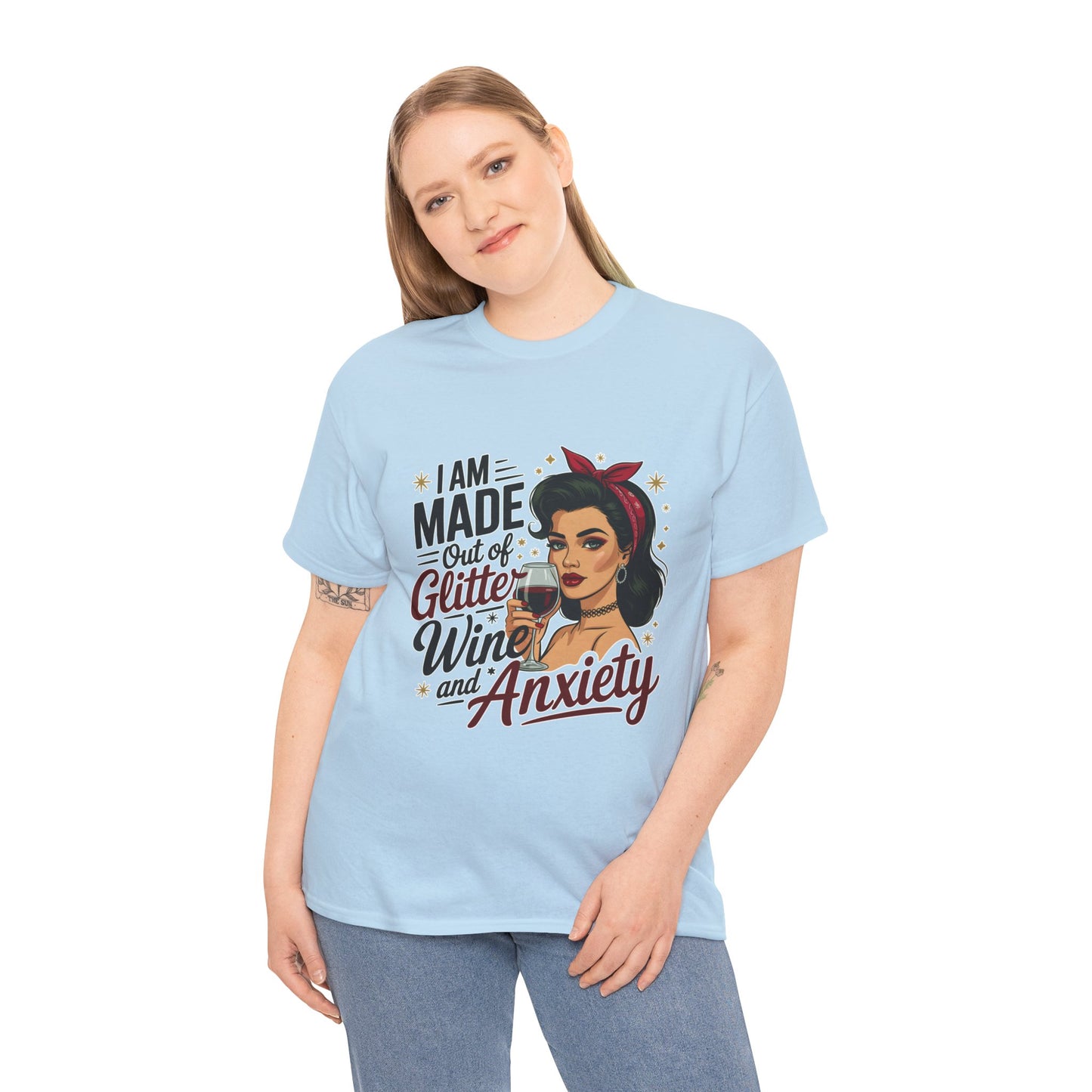 Glitter Wine & Anxiety Tee, Fun Unisex Cotton T-Shirt, Casual Gift for Wine Lovers, Relaxed Fit for Parties, Statement Top