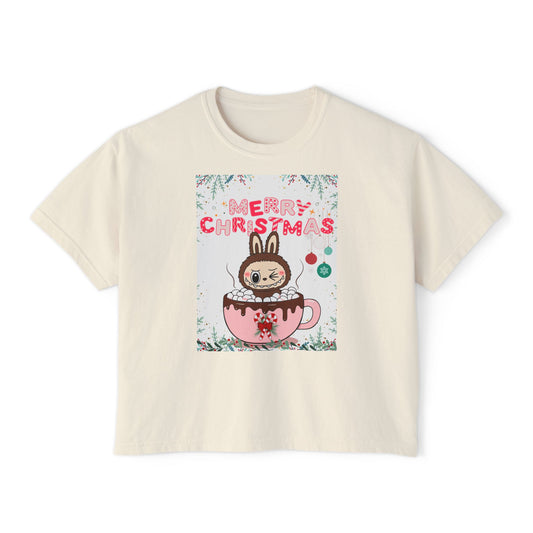 Merry Christmas Bunny Boxy Tee, Cute Christmas Shirt, Holiday Gift, Women's Christmas Top, Festive Tee for Girls