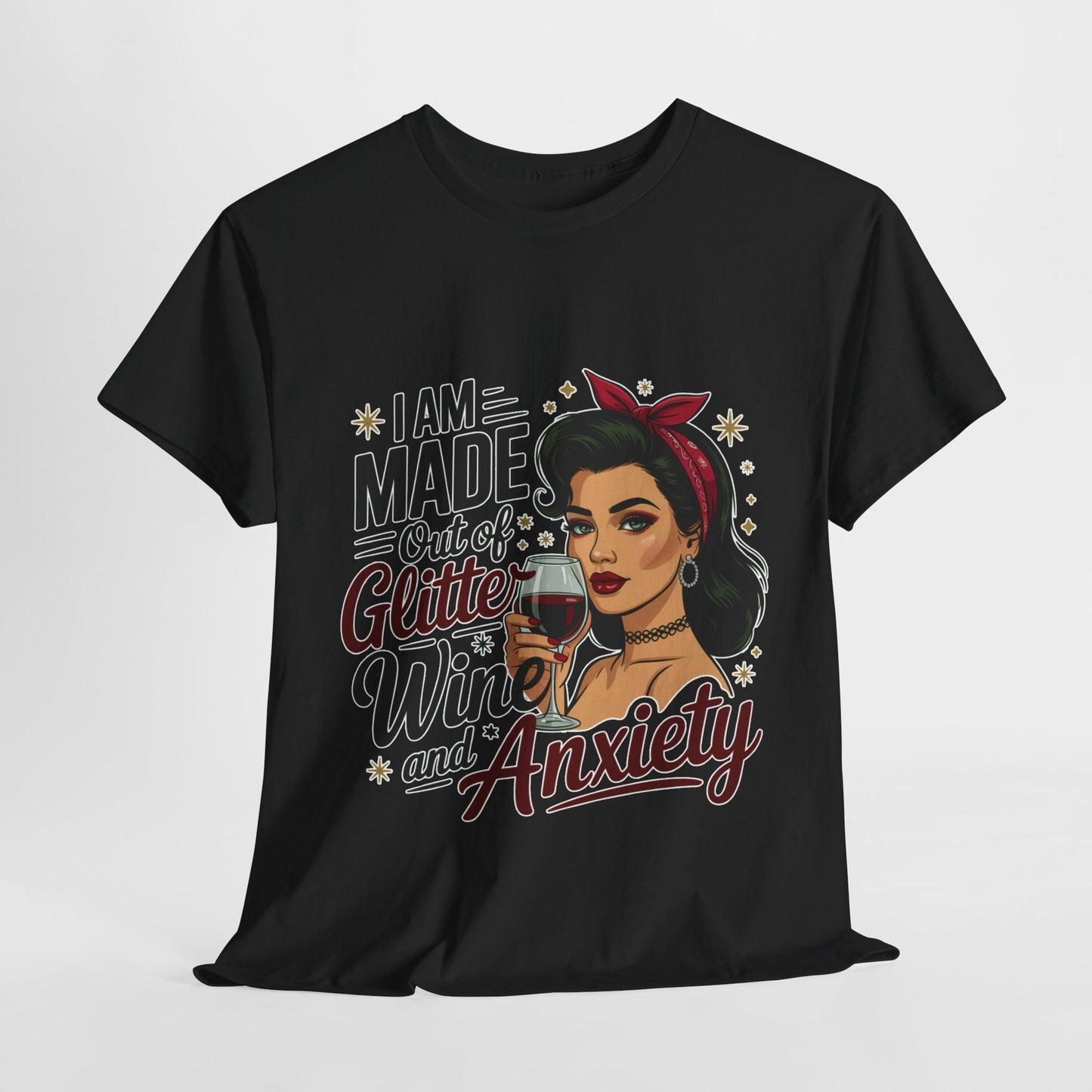 Glitter Wine & Anxiety Tee, Fun Unisex Cotton T-Shirt, Casual Gift for Wine Lovers, Relaxed Fit for Parties, Statement Top