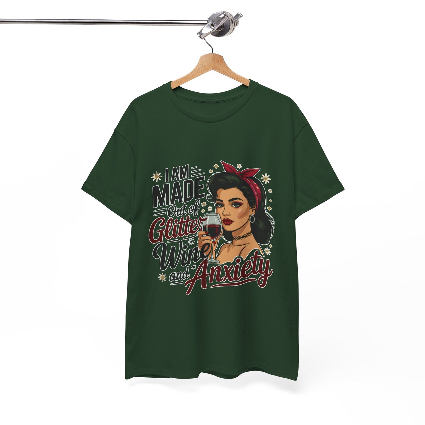 Glitter Wine & Anxiety Tee, Fun Unisex Cotton T-Shirt, Casual Gift for Wine Lovers, Relaxed Fit for Parties, Statement Top