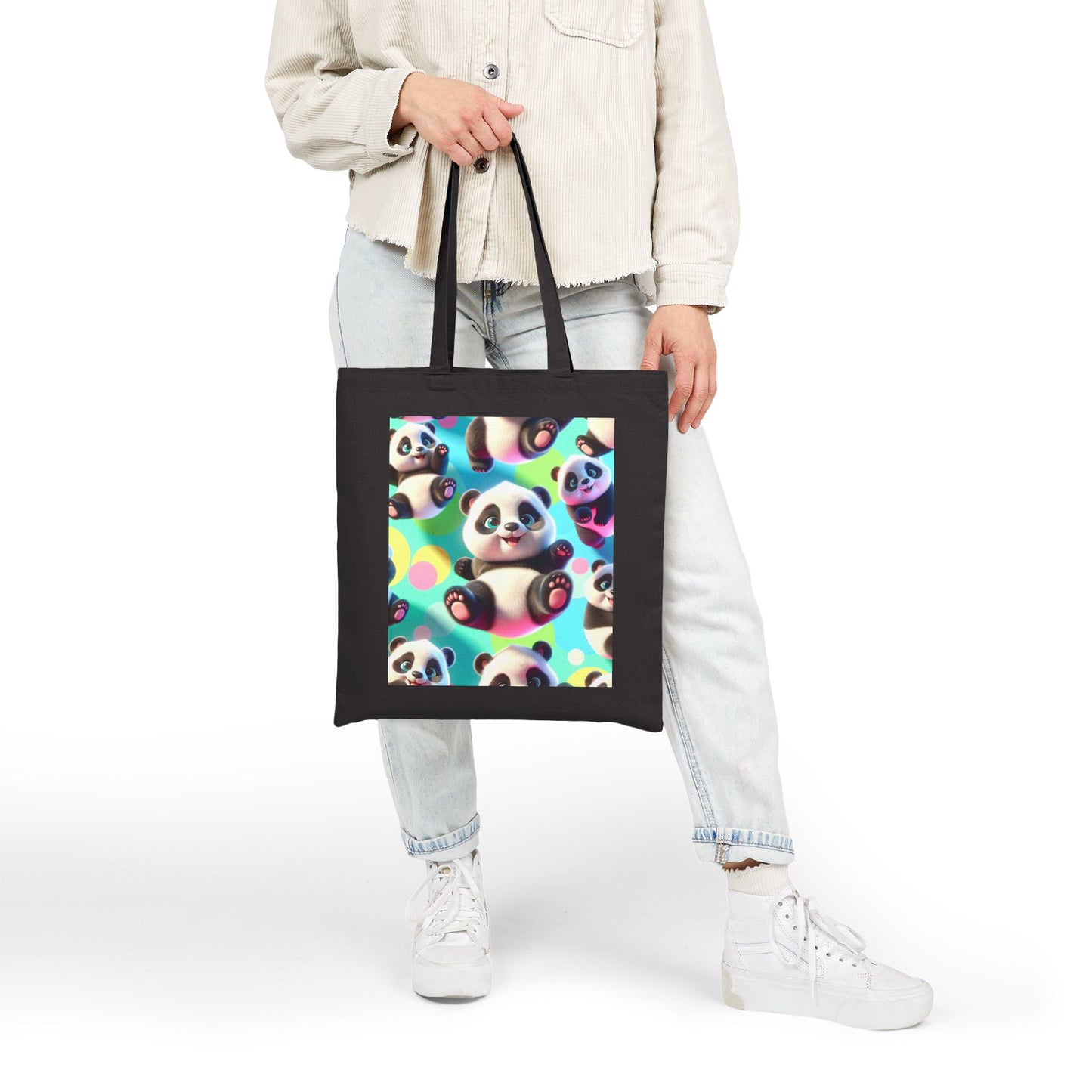 Cute Panda Cotton Canvas Tote Bag, Eco-Friendly Shopping Bag, Tote for Animal Lovers, Gift for Kids and Teens, Reusable Grocery Bag