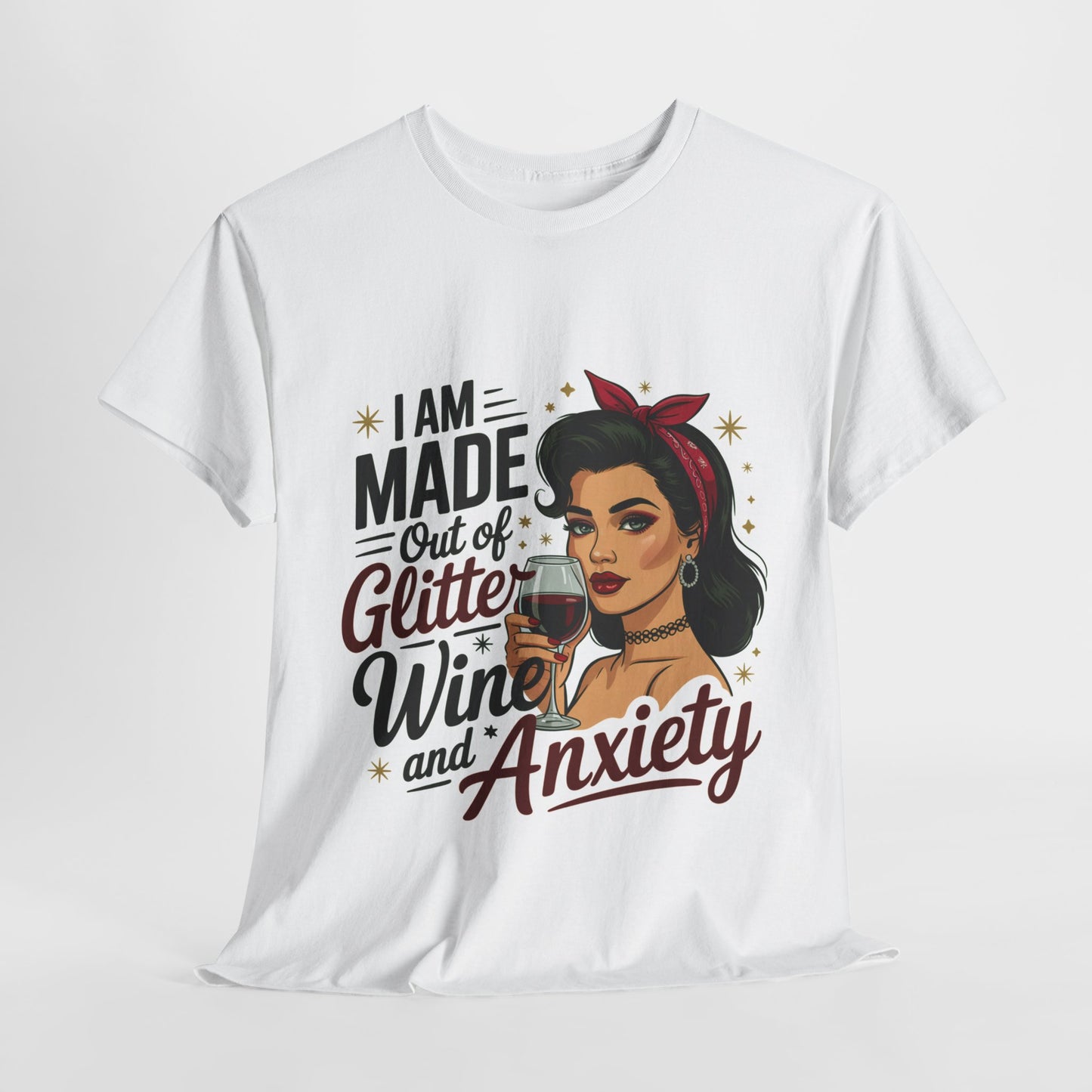 Glitter Wine & Anxiety Tee, Fun Unisex Cotton T-Shirt, Casual Gift for Wine Lovers, Relaxed Fit for Parties, Statement Top