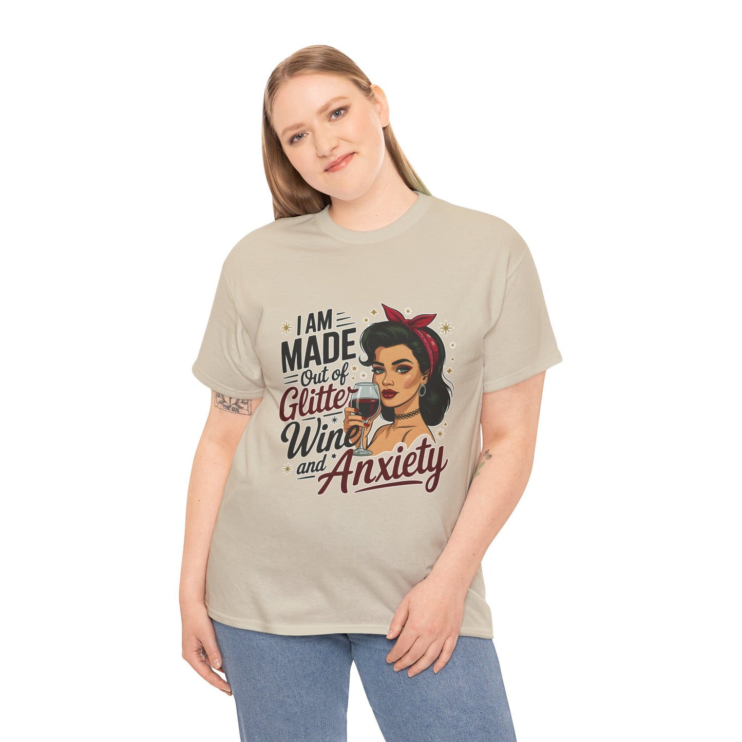 Glitter Wine & Anxiety Tee, Fun Unisex Cotton T-Shirt, Casual Gift for Wine Lovers, Relaxed Fit for Parties, Statement Top