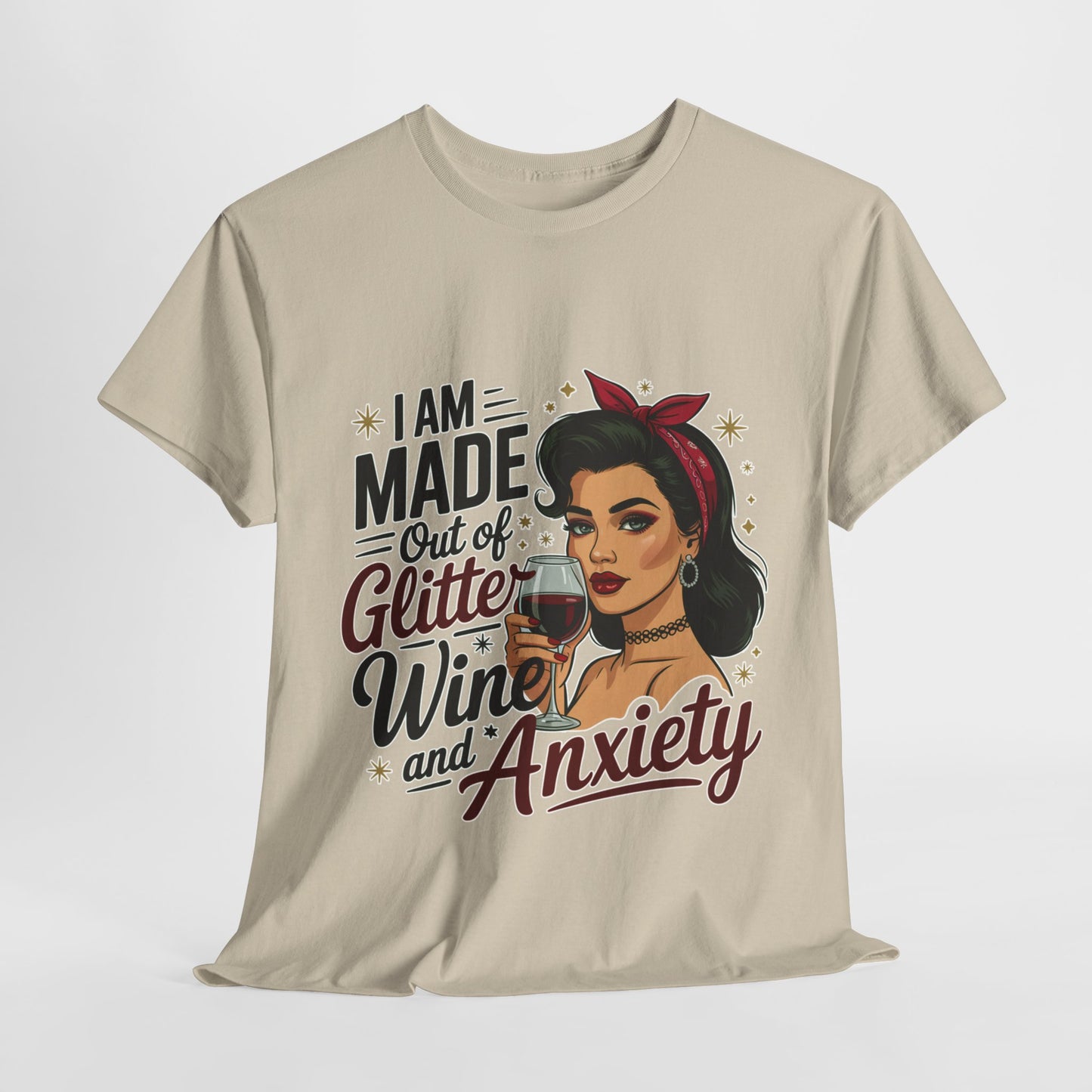 Glitter Wine & Anxiety Tee, Fun Unisex Cotton T-Shirt, Casual Gift for Wine Lovers, Relaxed Fit for Parties, Statement Top