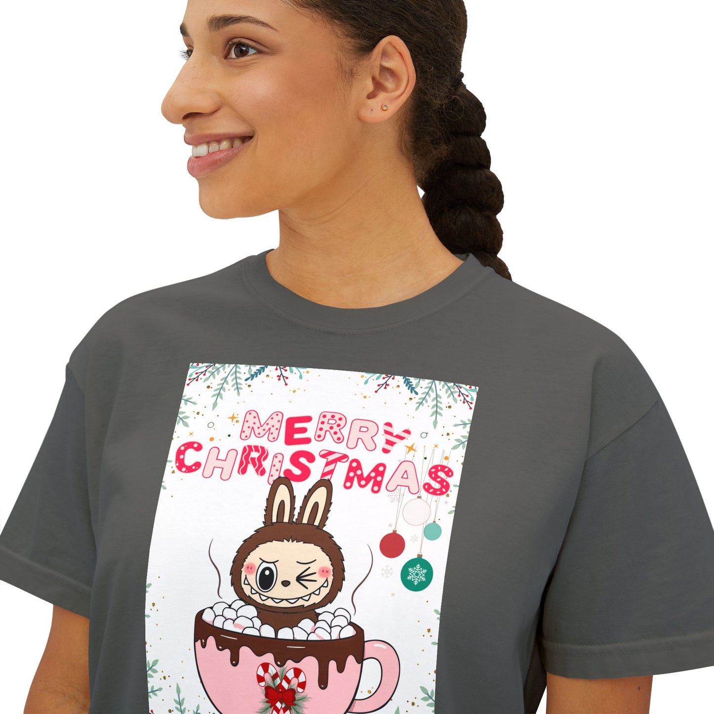 Merry Christmas Bunny Boxy Tee, Cute Christmas Shirt, Holiday Gift, Women's Christmas Top, Festive Tee for Girls