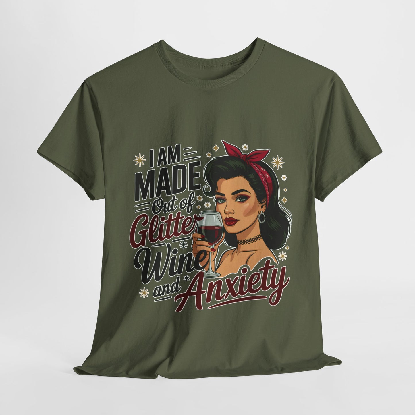 Glitter Wine & Anxiety Tee, Fun Unisex Cotton T-Shirt, Casual Gift for Wine Lovers, Relaxed Fit for Parties, Statement Top