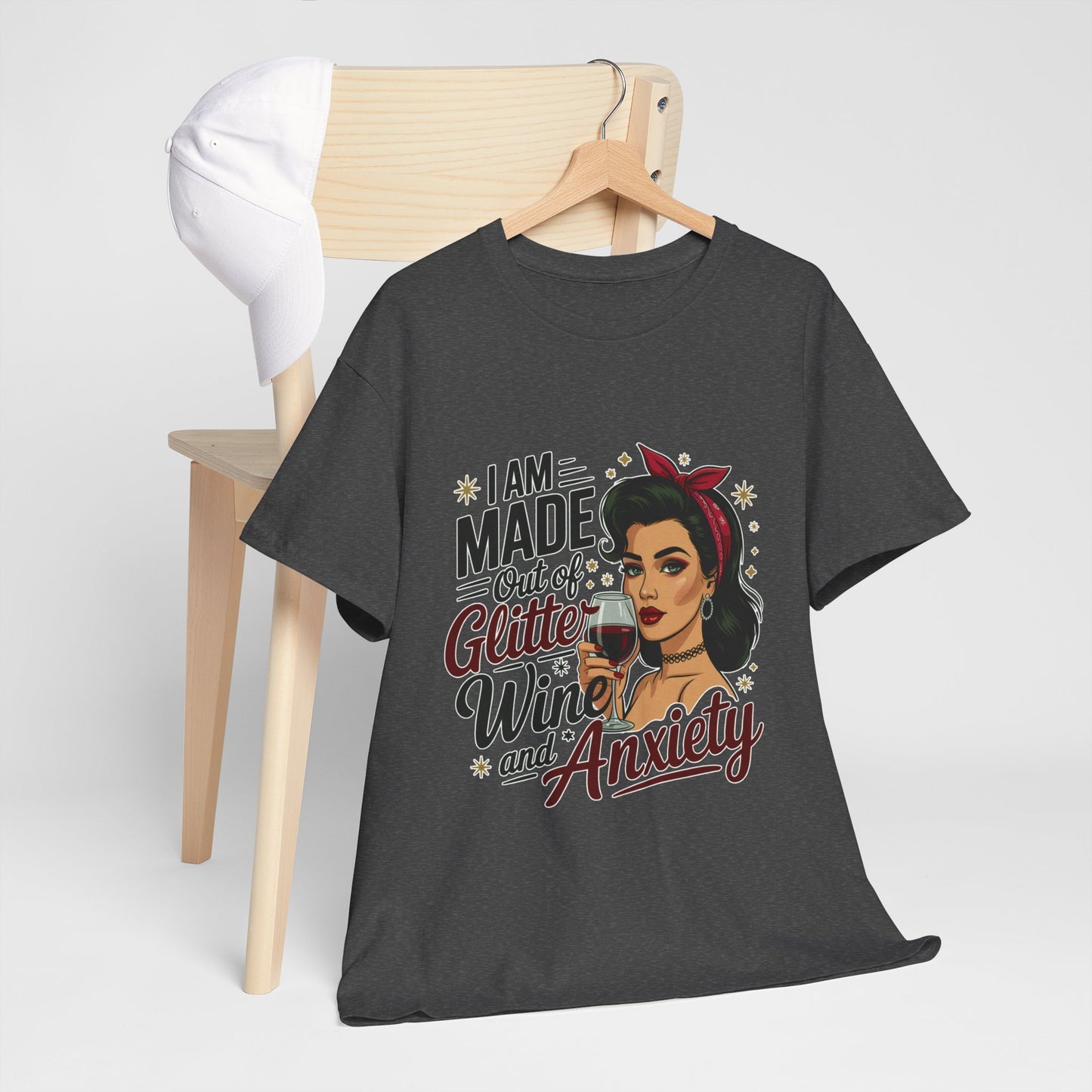 Glitter Wine & Anxiety Tee, Fun Unisex Cotton T-Shirt, Casual Gift for Wine Lovers, Relaxed Fit for Parties, Statement Top