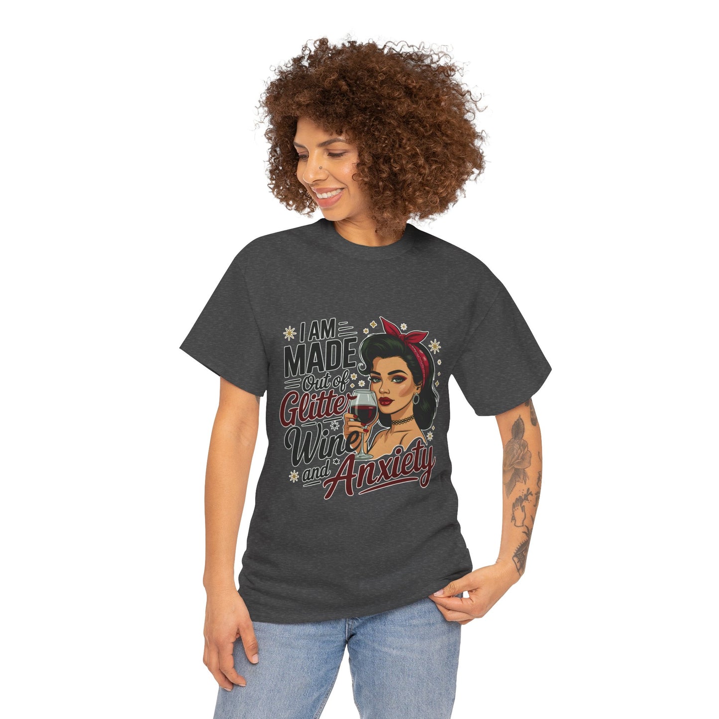 Glitter Wine & Anxiety Tee, Fun Unisex Cotton T-Shirt, Casual Gift for Wine Lovers, Relaxed Fit for Parties, Statement Top