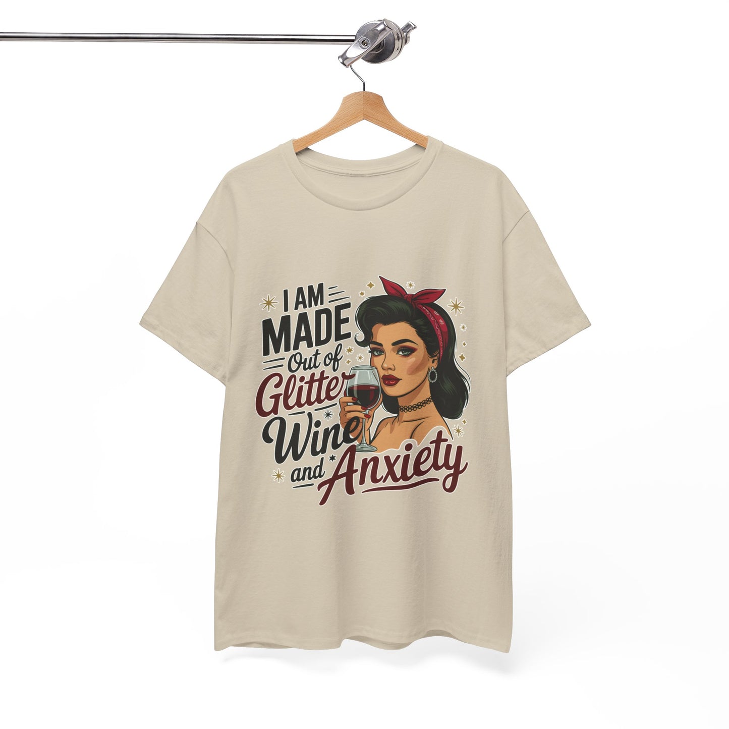 Glitter Wine & Anxiety Tee, Fun Unisex Cotton T-Shirt, Casual Gift for Wine Lovers, Relaxed Fit for Parties, Statement Top