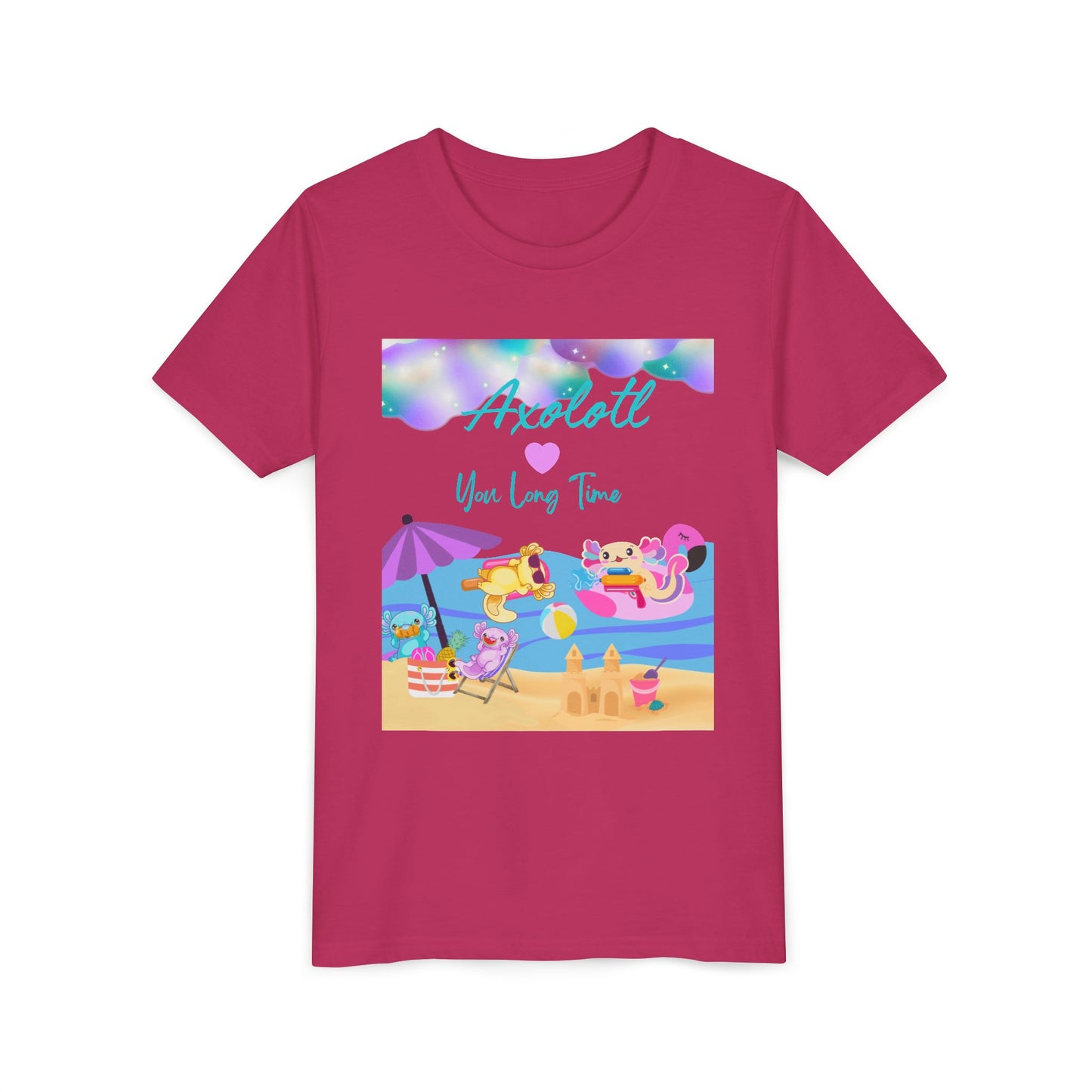 Youth Summer Fun Tee - Axolotl Love, Cute Beach Shirt, Kids Adventure T-Shirt, Summer Party Outfit, Birthday Gift, Vacation Apparel