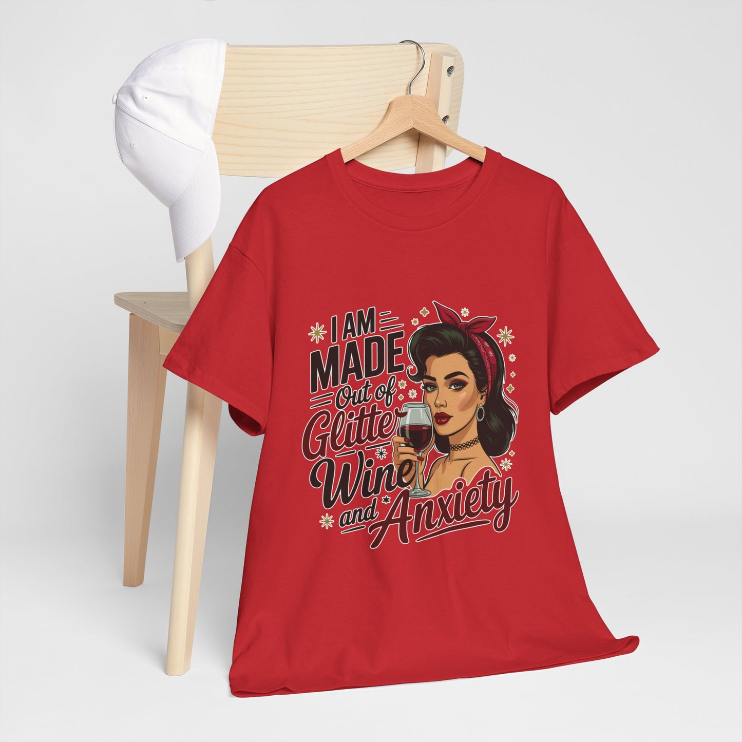 Glitter Wine & Anxiety Tee, Fun Unisex Cotton T-Shirt, Casual Gift for Wine Lovers, Relaxed Fit for Parties, Statement Top