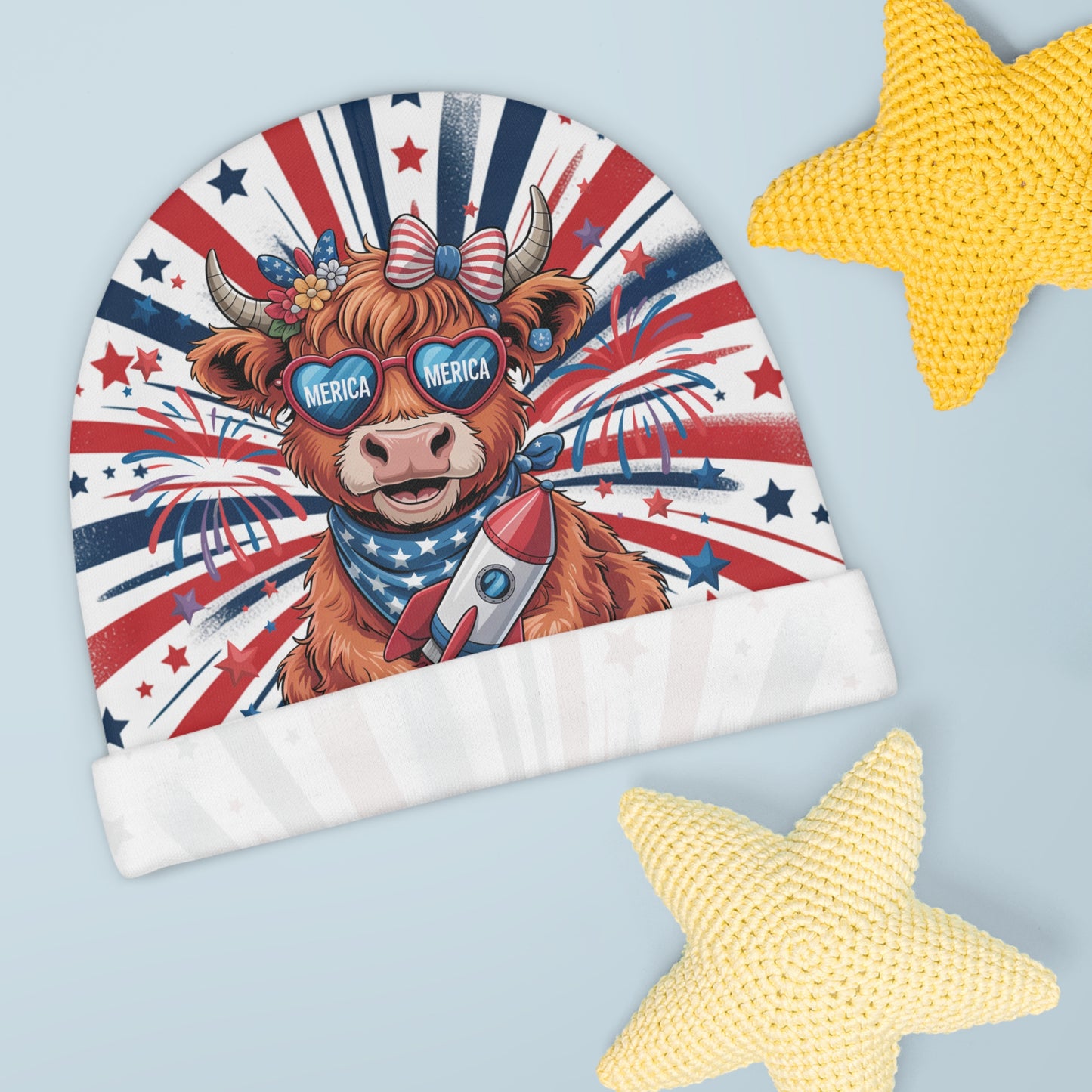 Patriotic Baby Beanie with Adorable Cow Design, Infant Winter Hat, Cute Baby Headwear for Holidays, Baby Shower Gift, USA Theme
