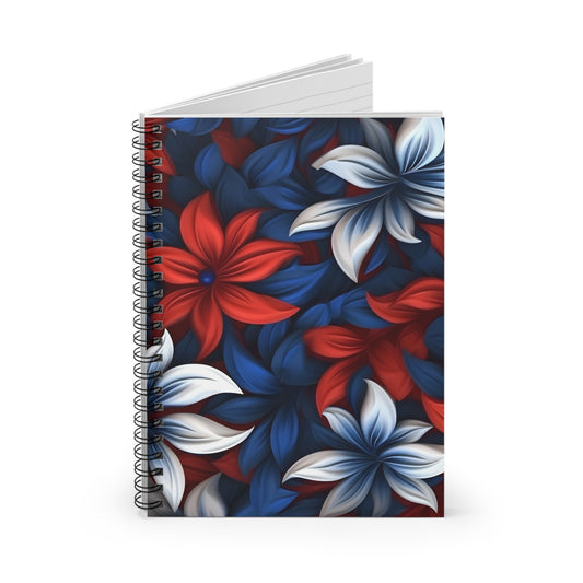 Floral Spiral Notebook - Vibrant Blooms, Perfect for Journaling, Notetaking, Gift for Students, Flower Lovers, Red White Blue Design