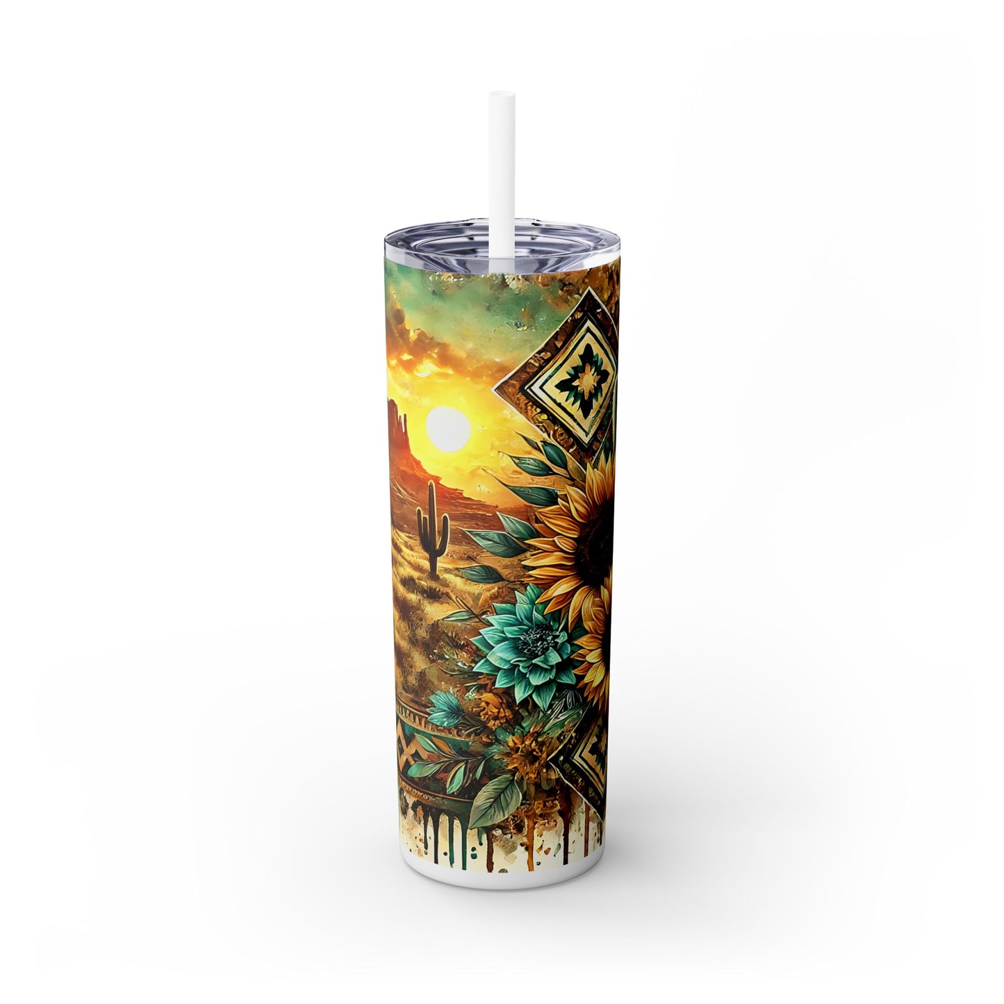 Desert Sunset Skinny Tumbler with Straw, 20oz - Cactus and Sunflower Design for Summer, Road Trips, Gifts, Outdoor Adventures