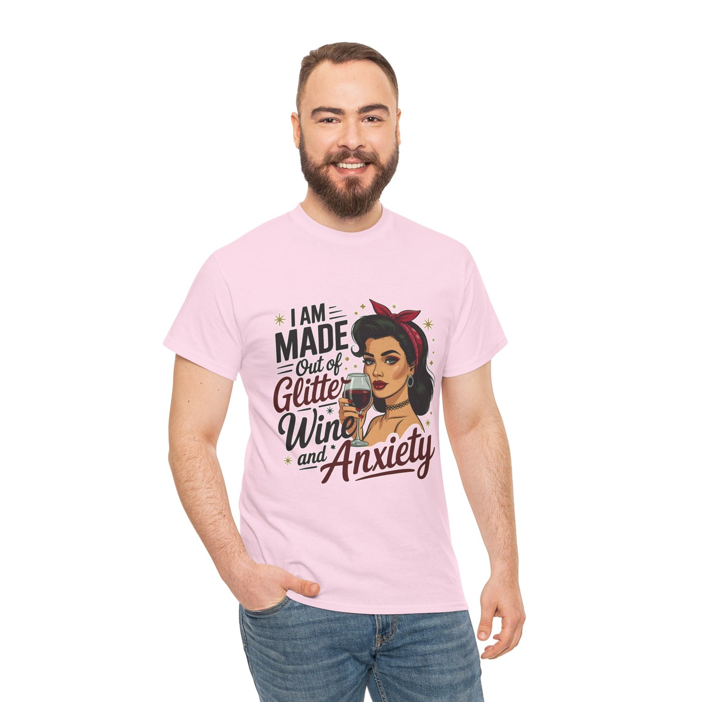 Glitter Wine & Anxiety Tee, Fun Unisex Cotton T-Shirt, Casual Gift for Wine Lovers, Relaxed Fit for Parties, Statement Top