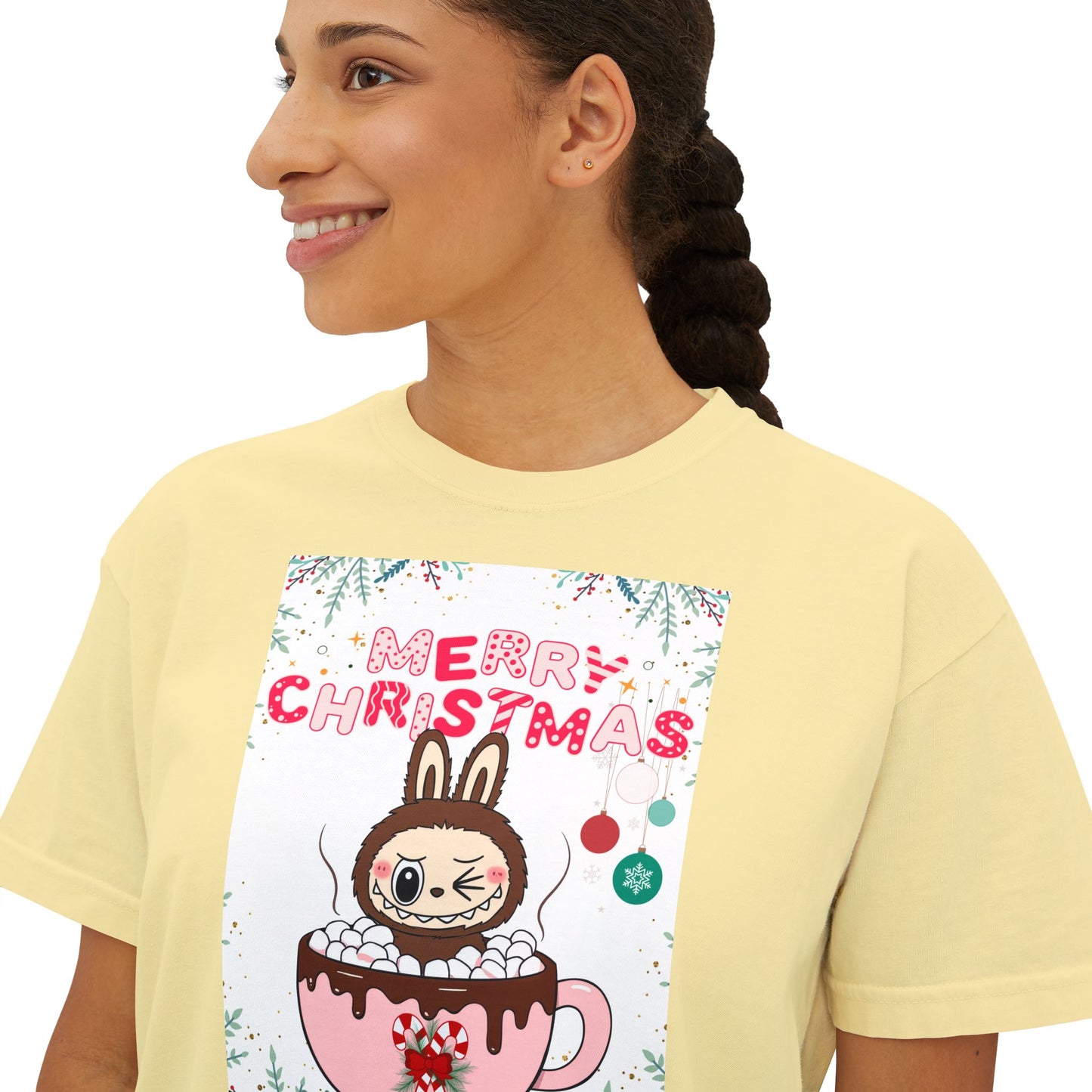 Merry Christmas Bunny Boxy Tee, Cute Christmas Shirt, Holiday Gift, Women's Christmas Top, Festive Tee for Girls
