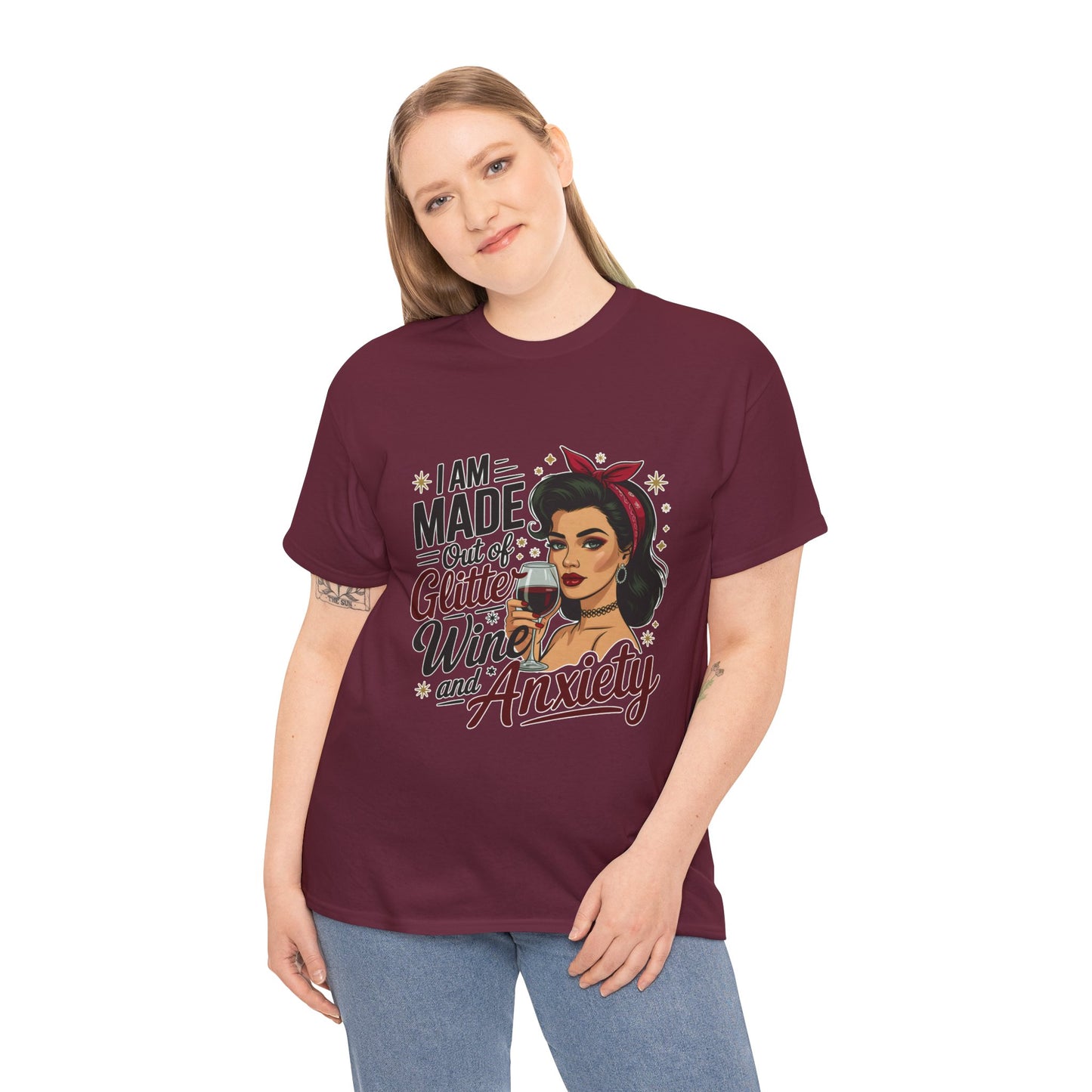 Glitter Wine & Anxiety Tee, Fun Unisex Cotton T-Shirt, Casual Gift for Wine Lovers, Relaxed Fit for Parties, Statement Top
