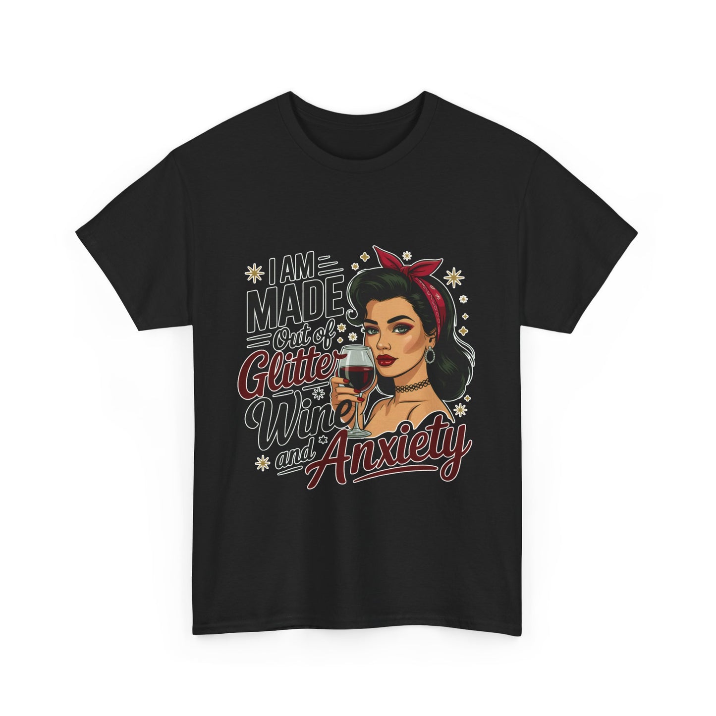 Glitter Wine & Anxiety Tee, Fun Unisex Cotton T-Shirt, Casual Gift for Wine Lovers, Relaxed Fit for Parties, Statement Top