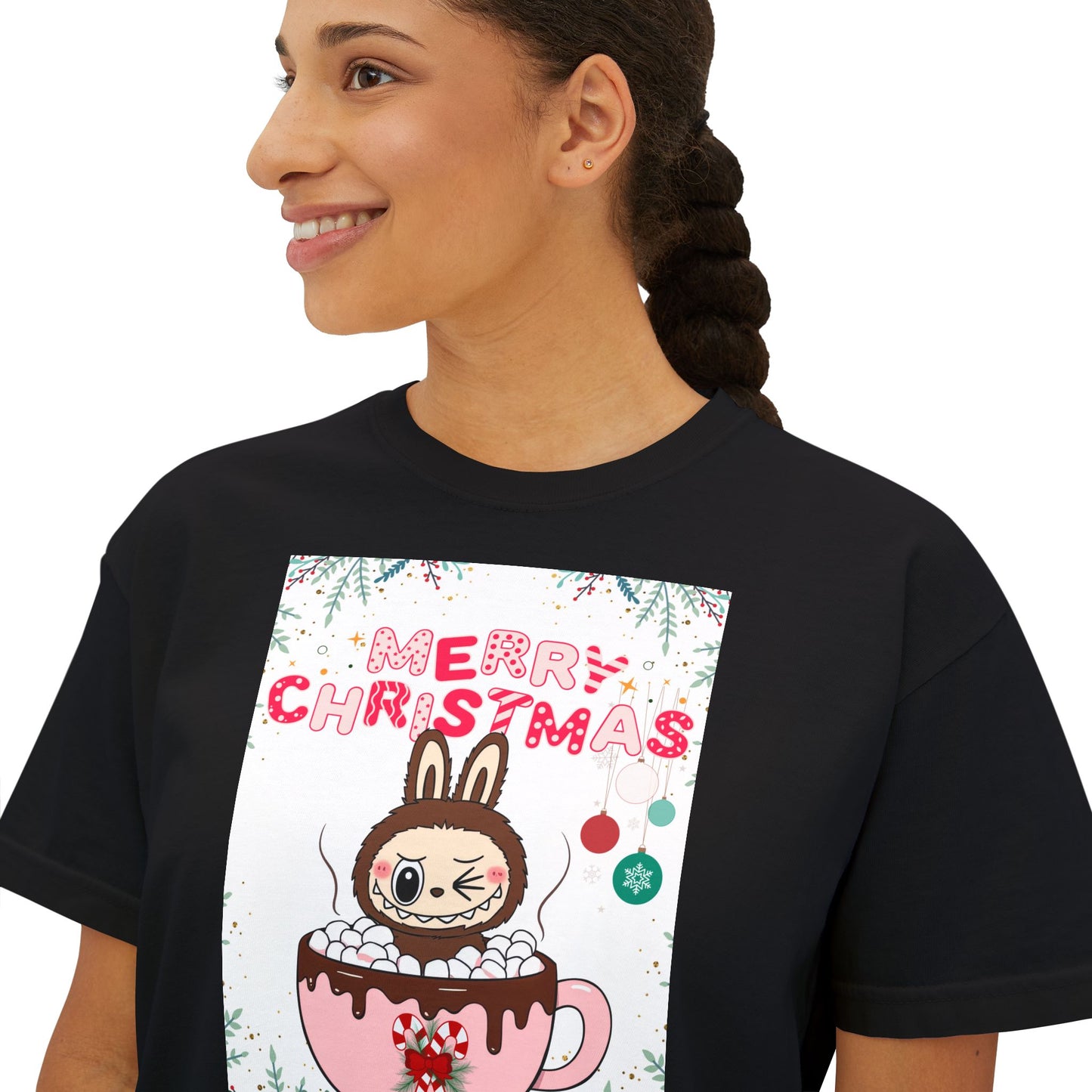 Merry Christmas Bunny Boxy Tee, Cute Christmas Shirt, Holiday Gift, Women's Christmas Top, Festive Tee for Girls