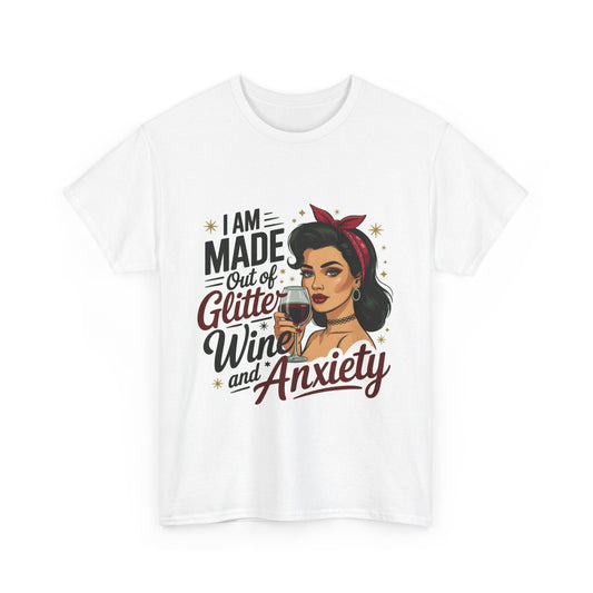 Glitter Wine & Anxiety Tee, Fun Unisex Cotton T-Shirt, Casual Gift for Wine Lovers, Relaxed Fit for Parties, Statement Top