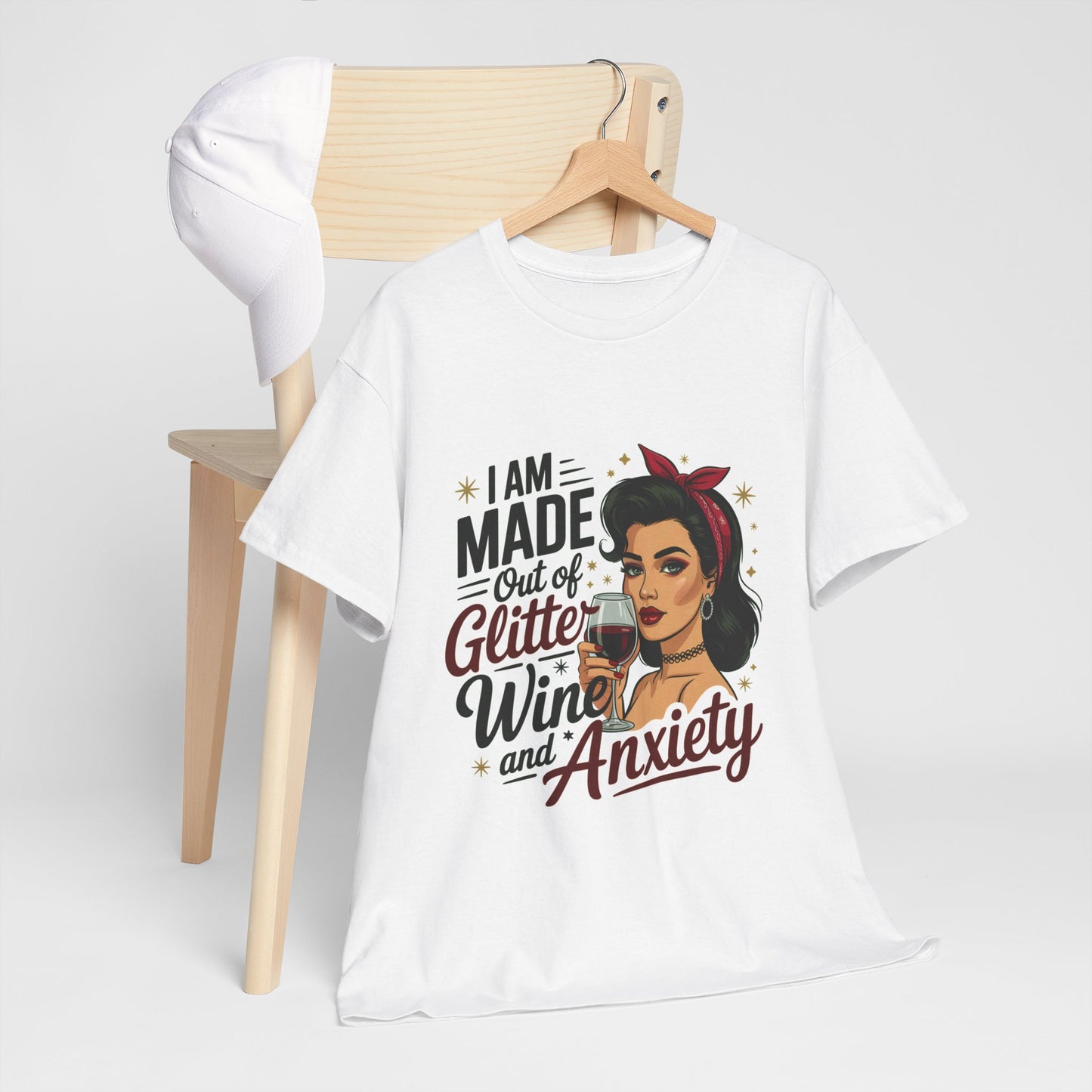 Glitter Wine & Anxiety Tee, Fun Unisex Cotton T-Shirt, Casual Gift for Wine Lovers, Relaxed Fit for Parties, Statement Top