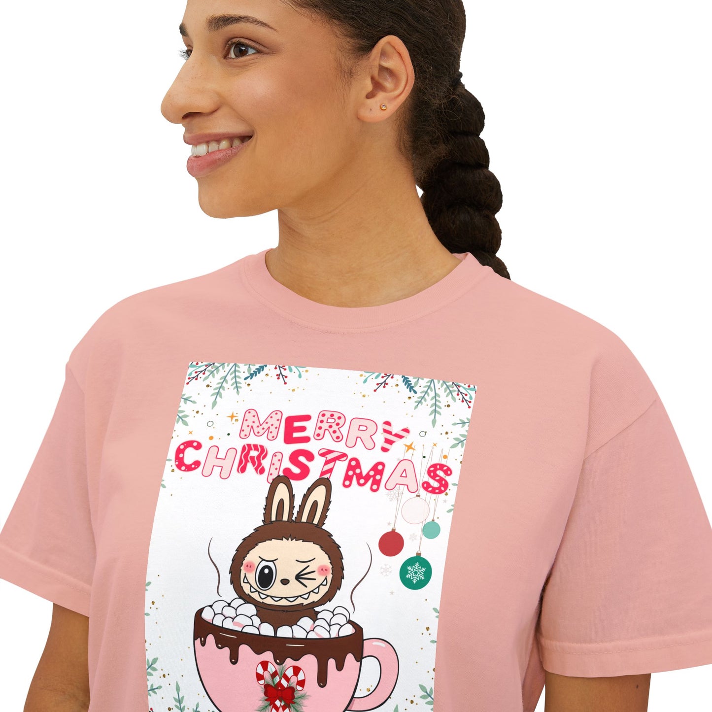 Merry Christmas Bunny Boxy Tee, Cute Christmas Shirt, Holiday Gift, Women's Christmas Top, Festive Tee for Girls