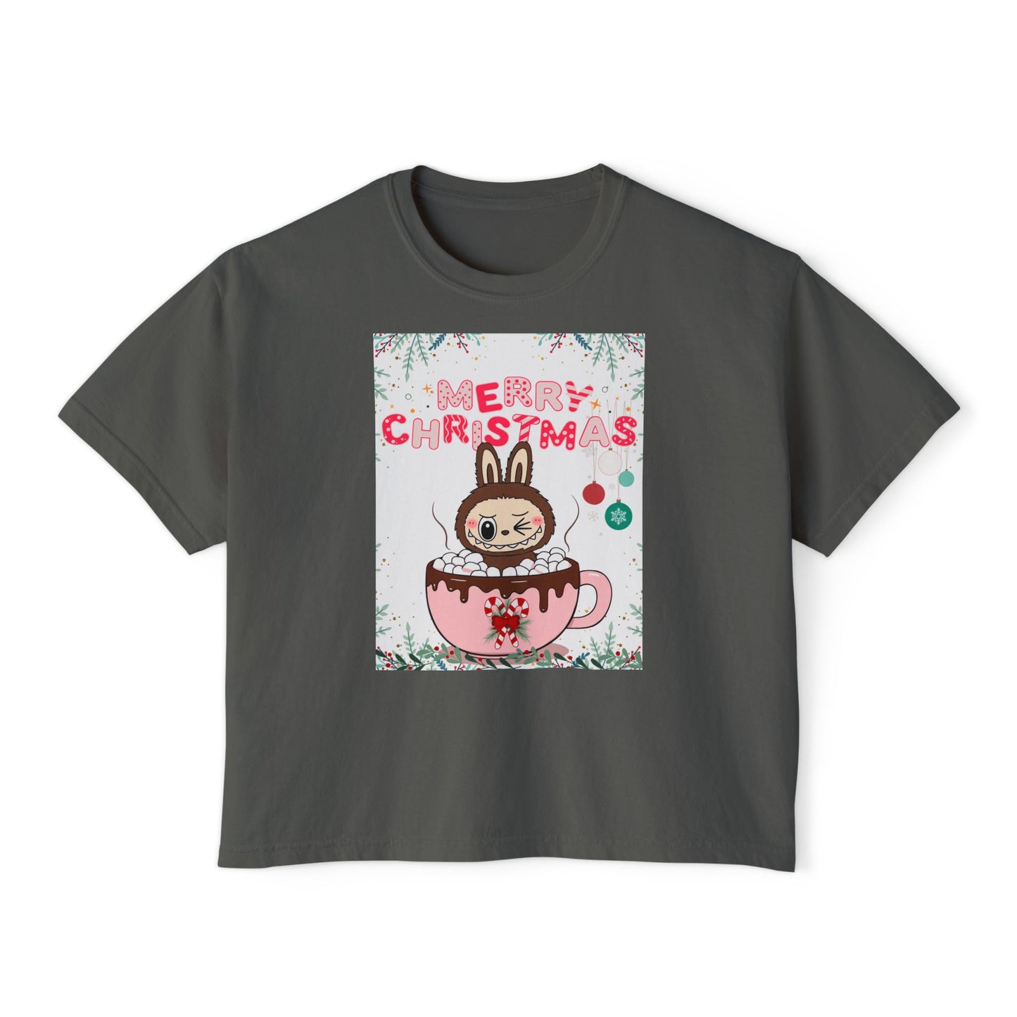Merry Christmas Bunny Boxy Tee, Cute Christmas Shirt, Holiday Gift, Women's Christmas Top, Festive Tee for Girls