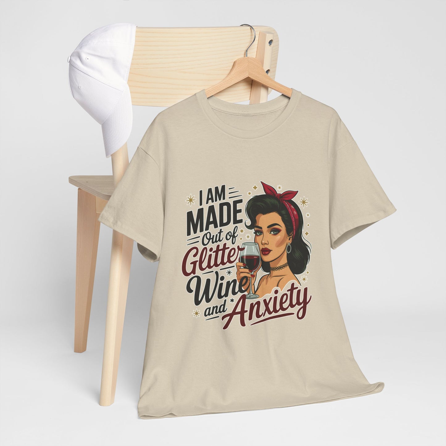 Glitter Wine & Anxiety Tee, Fun Unisex Cotton T-Shirt, Casual Gift for Wine Lovers, Relaxed Fit for Parties, Statement Top