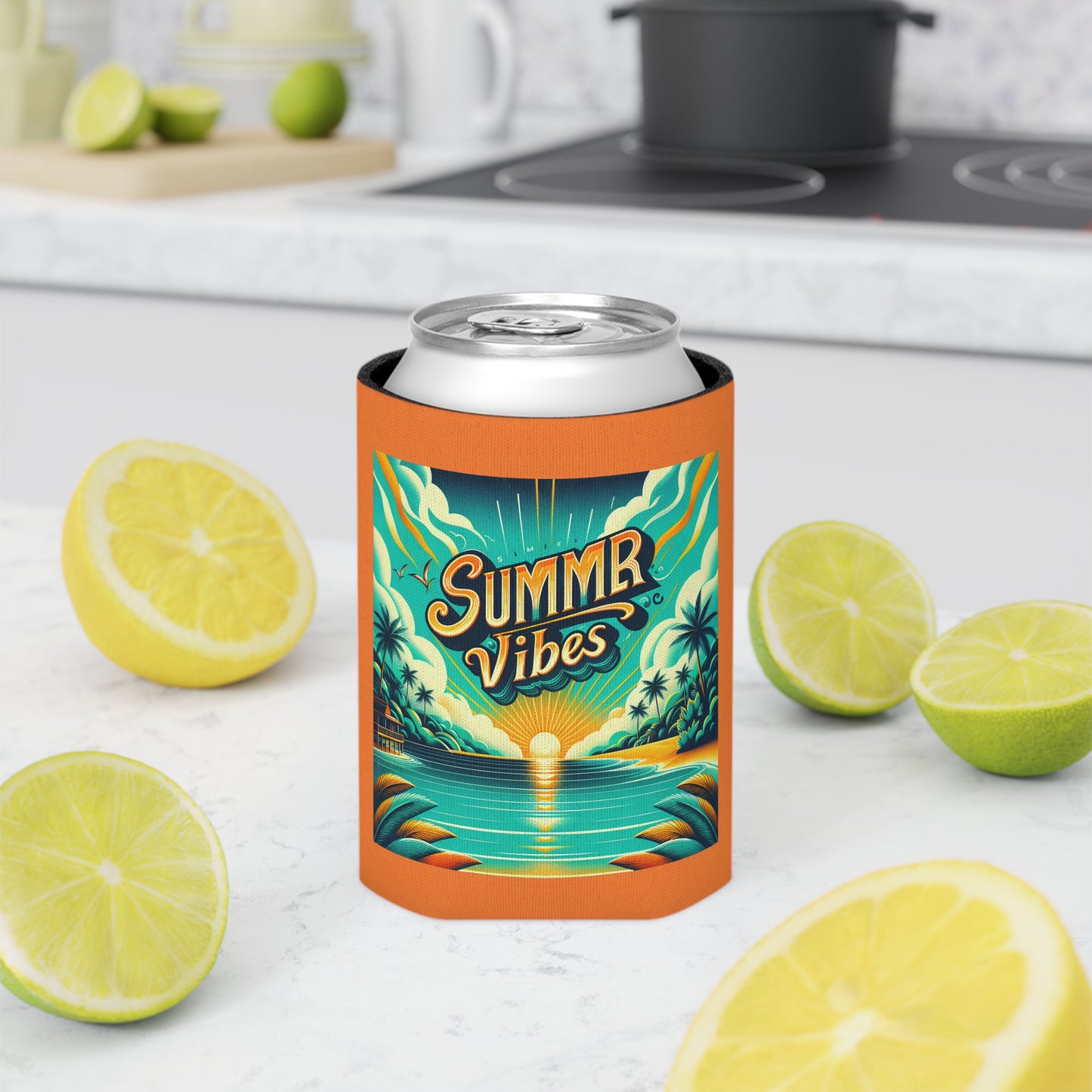 Summer Vibes Can Cooler - Tropical Beverage Holder, Beach Party Essential, Insulated Drink Sleeve, Fun Bar Accessory, Summer Gift