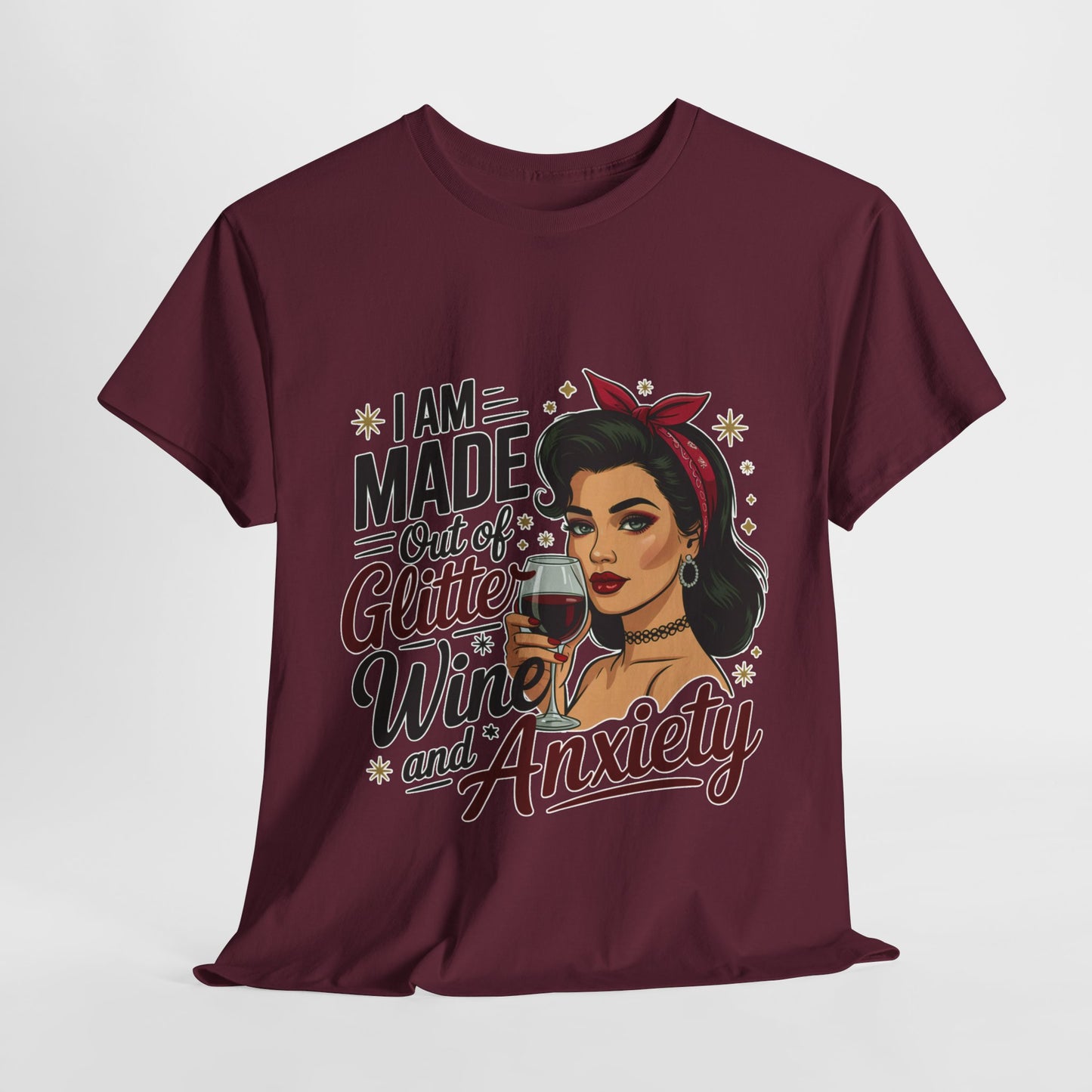 Glitter Wine & Anxiety Tee, Fun Unisex Cotton T-Shirt, Casual Gift for Wine Lovers, Relaxed Fit for Parties, Statement Top