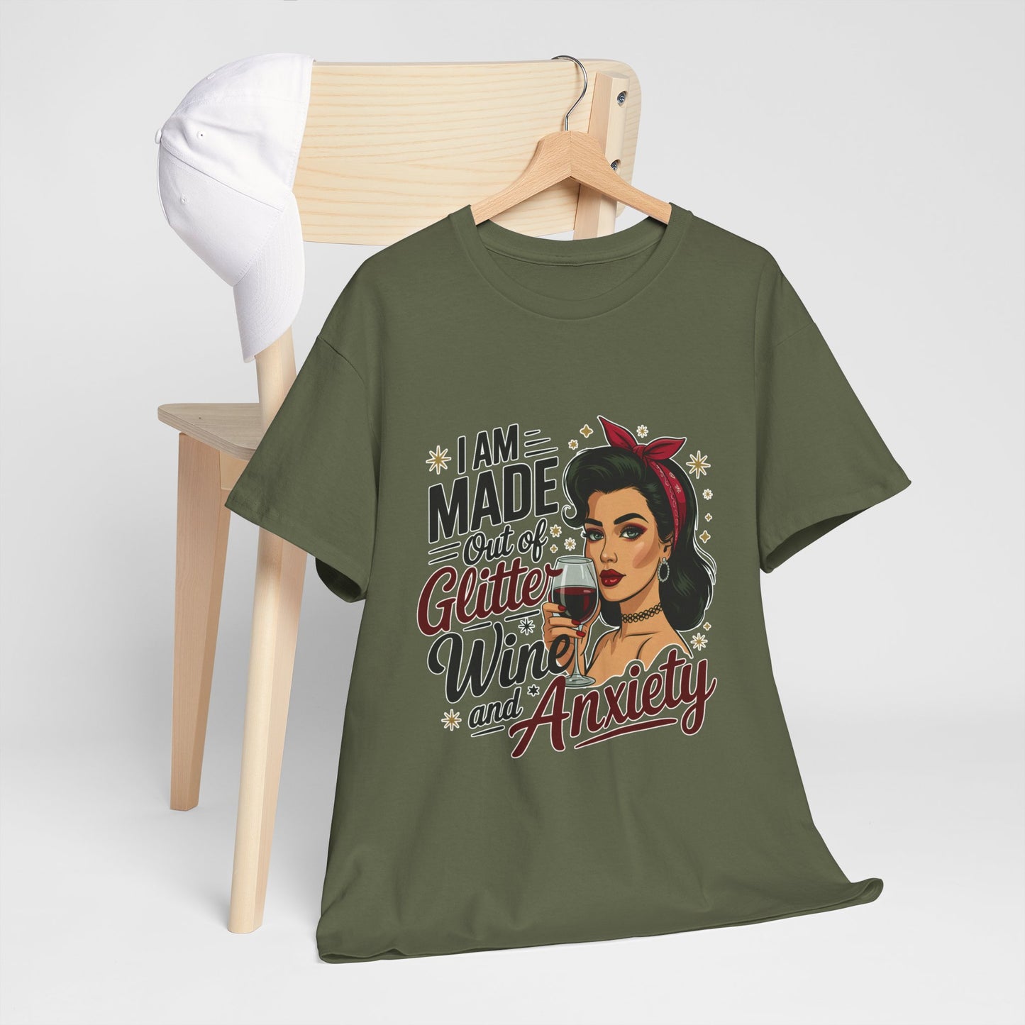 Glitter Wine & Anxiety Tee, Fun Unisex Cotton T-Shirt, Casual Gift for Wine Lovers, Relaxed Fit for Parties, Statement Top