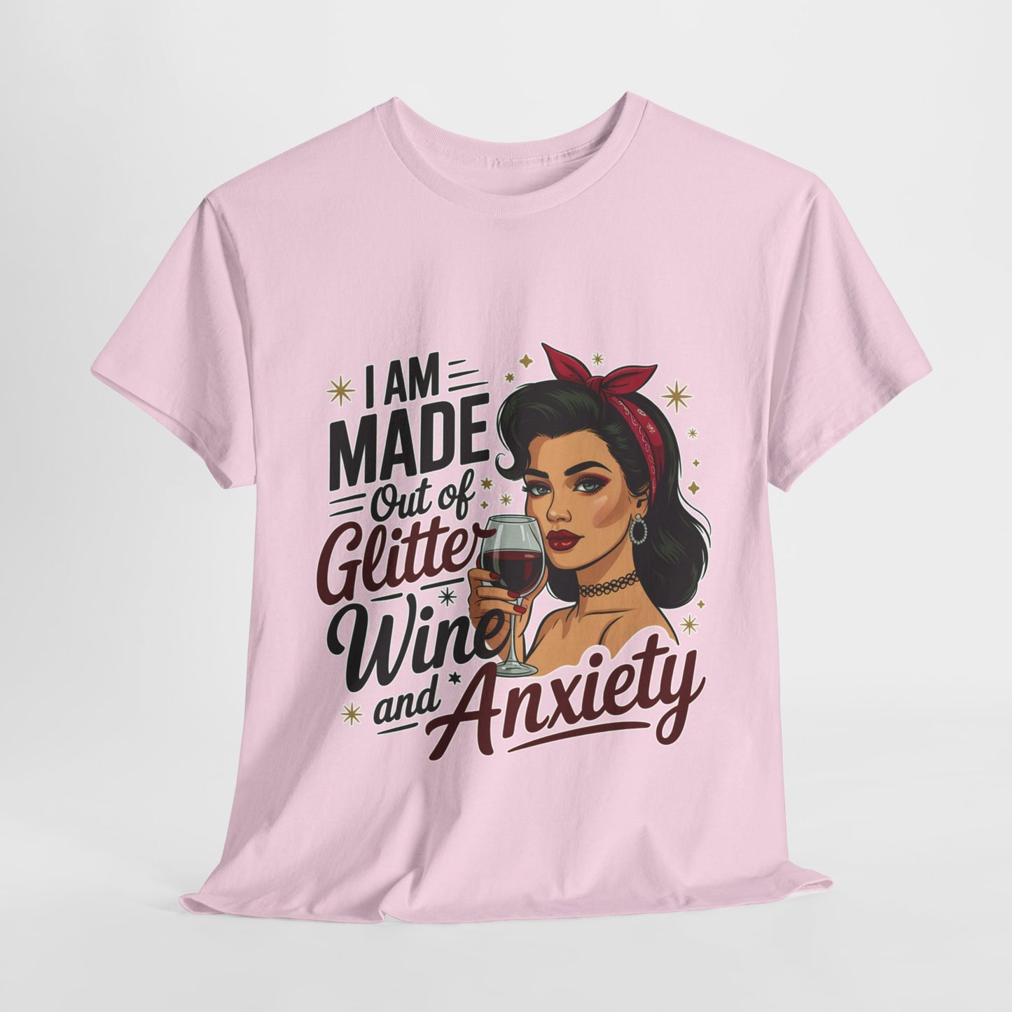 Glitter Wine & Anxiety Tee, Fun Unisex Cotton T-Shirt, Casual Gift for Wine Lovers, Relaxed Fit for Parties, Statement Top