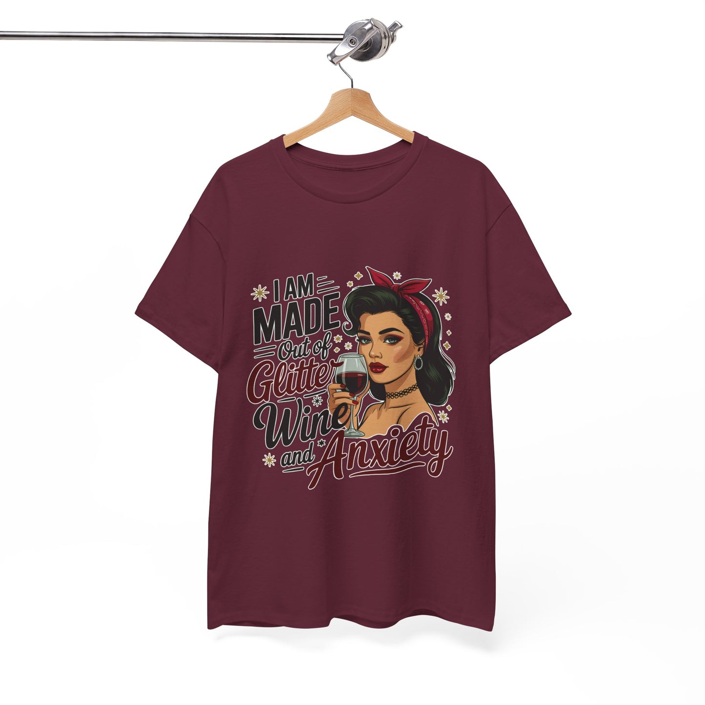 Glitter Wine & Anxiety Tee, Fun Unisex Cotton T-Shirt, Casual Gift for Wine Lovers, Relaxed Fit for Parties, Statement Top