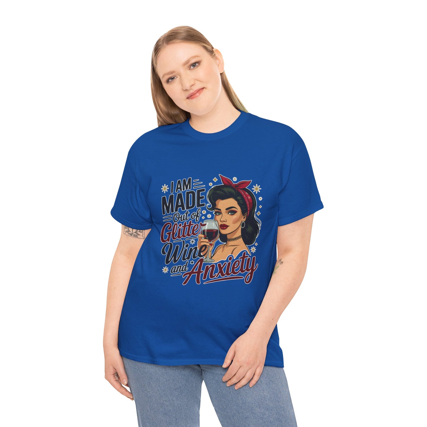 Glitter Wine & Anxiety Tee, Fun Unisex Cotton T-Shirt, Casual Gift for Wine Lovers, Relaxed Fit for Parties, Statement Top