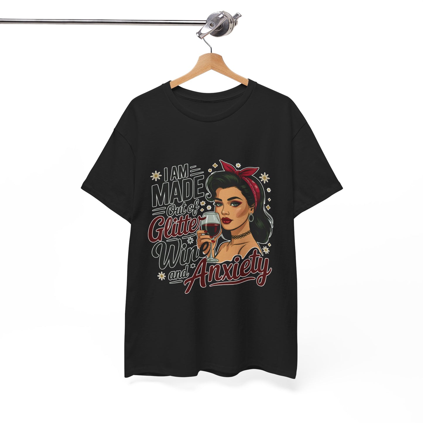Glitter Wine & Anxiety Tee, Fun Unisex Cotton T-Shirt, Casual Gift for Wine Lovers, Relaxed Fit for Parties, Statement Top
