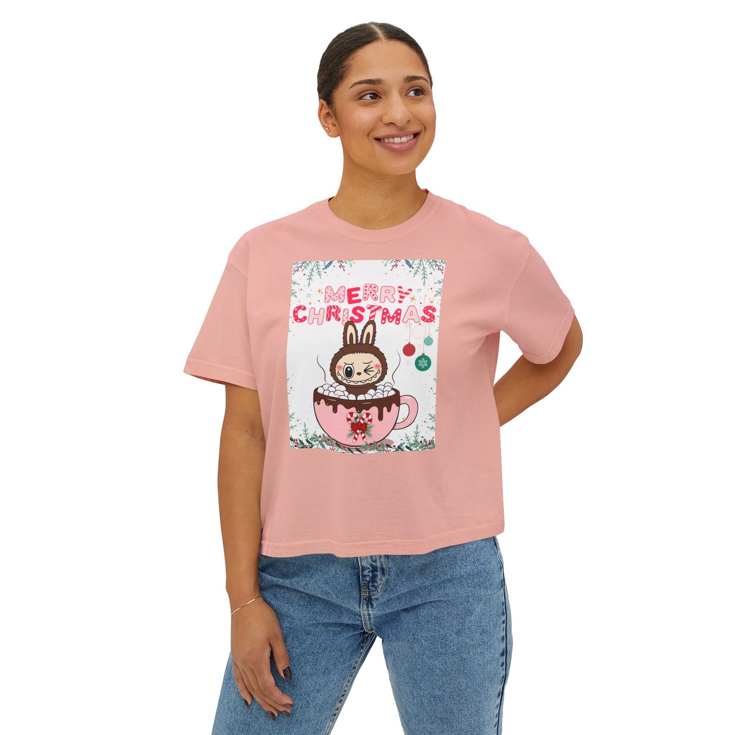 Merry Christmas Bunny Boxy Tee, Cute Christmas Shirt, Holiday Gift, Women's Christmas Top, Festive Tee for Girls