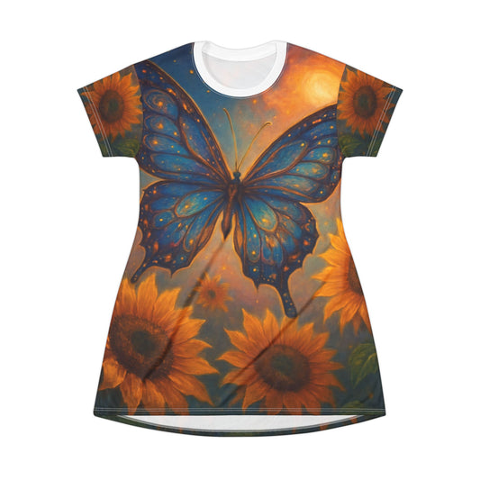 Butterfly & Sunflower T-Shirt Dress - Boho Chic Casual Wear, Summer Dress, Festival Outfit, Eco-Friendly Fashion, Unique Gift