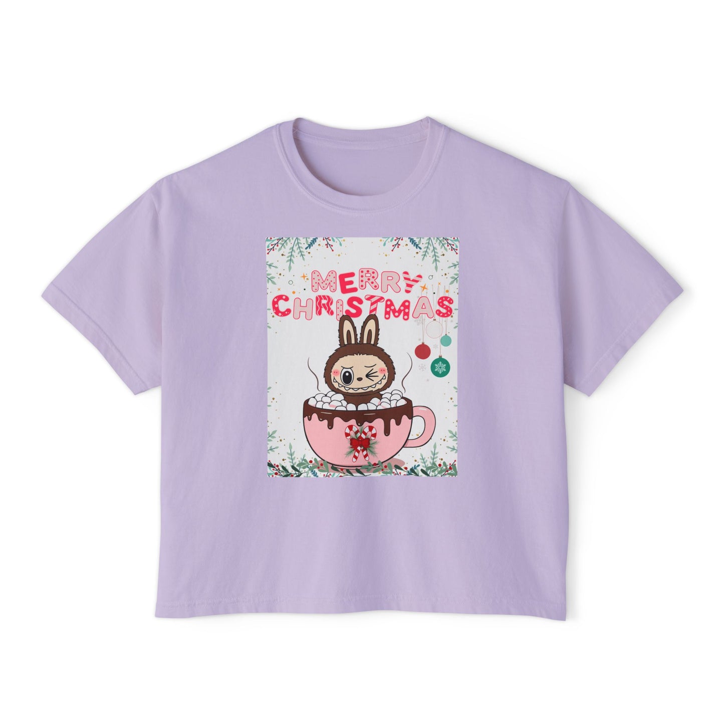 Merry Christmas Bunny Boxy Tee, Cute Christmas Shirt, Holiday Gift, Women's Christmas Top, Festive Tee for Girls