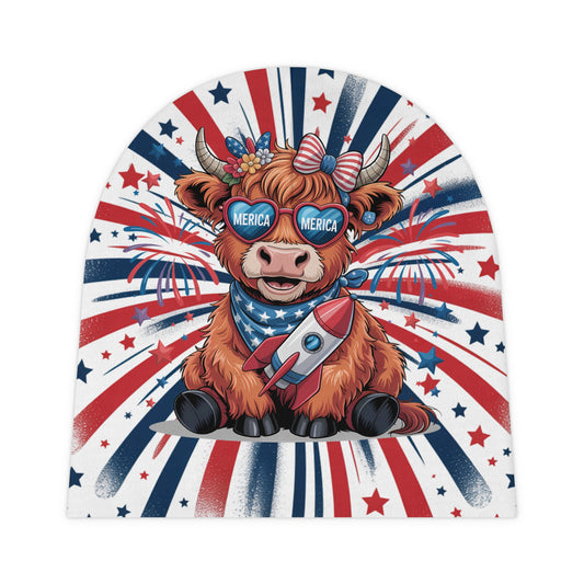 Patriotic Baby Beanie with Adorable Cow Design, Infant Winter Hat, Cute Baby Headwear for Holidays, Baby Shower Gift, USA Theme