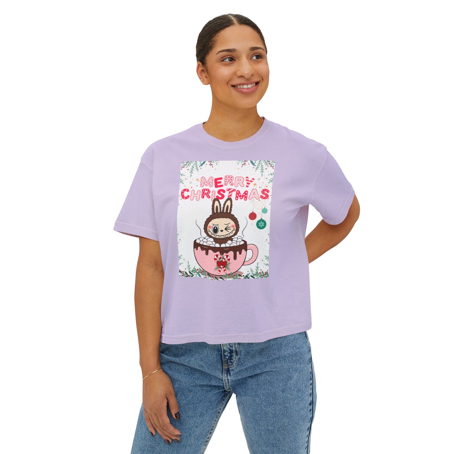 Merry Christmas Bunny Boxy Tee, Cute Christmas Shirt, Holiday Gift, Women's Christmas Top, Festive Tee for Girls