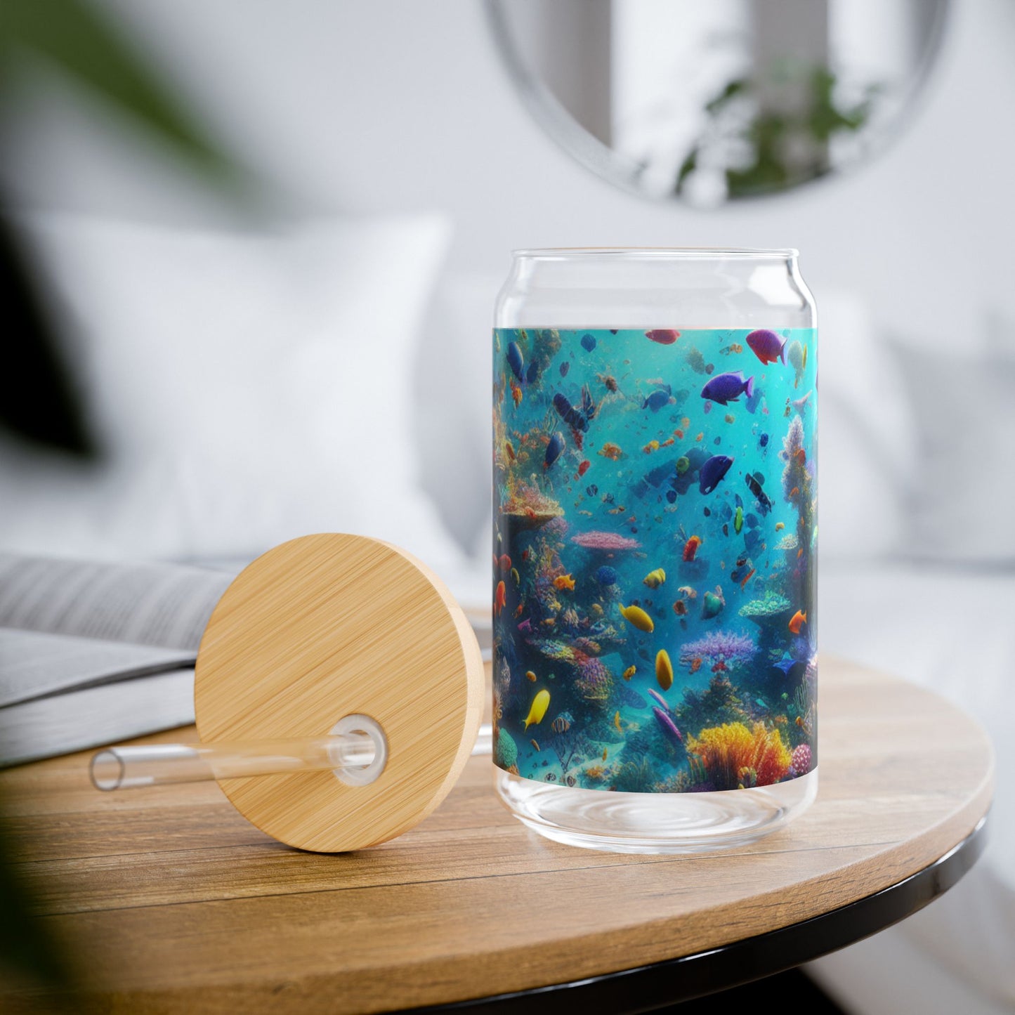 Colorful Ocean Life Sipper Glass, 16oz, Aquatic Beverage Jar, Ocean Lover Gift, Beach Party Cup, Underwater Decor, Eco-friendly Straw