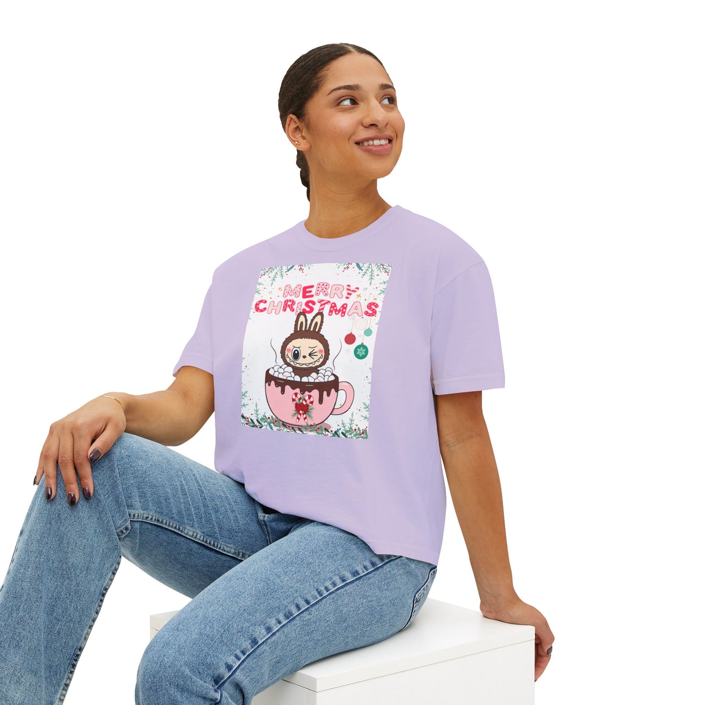 Merry Christmas Bunny Boxy Tee, Cute Christmas Shirt, Holiday Gift, Women's Christmas Top, Festive Tee for Girls