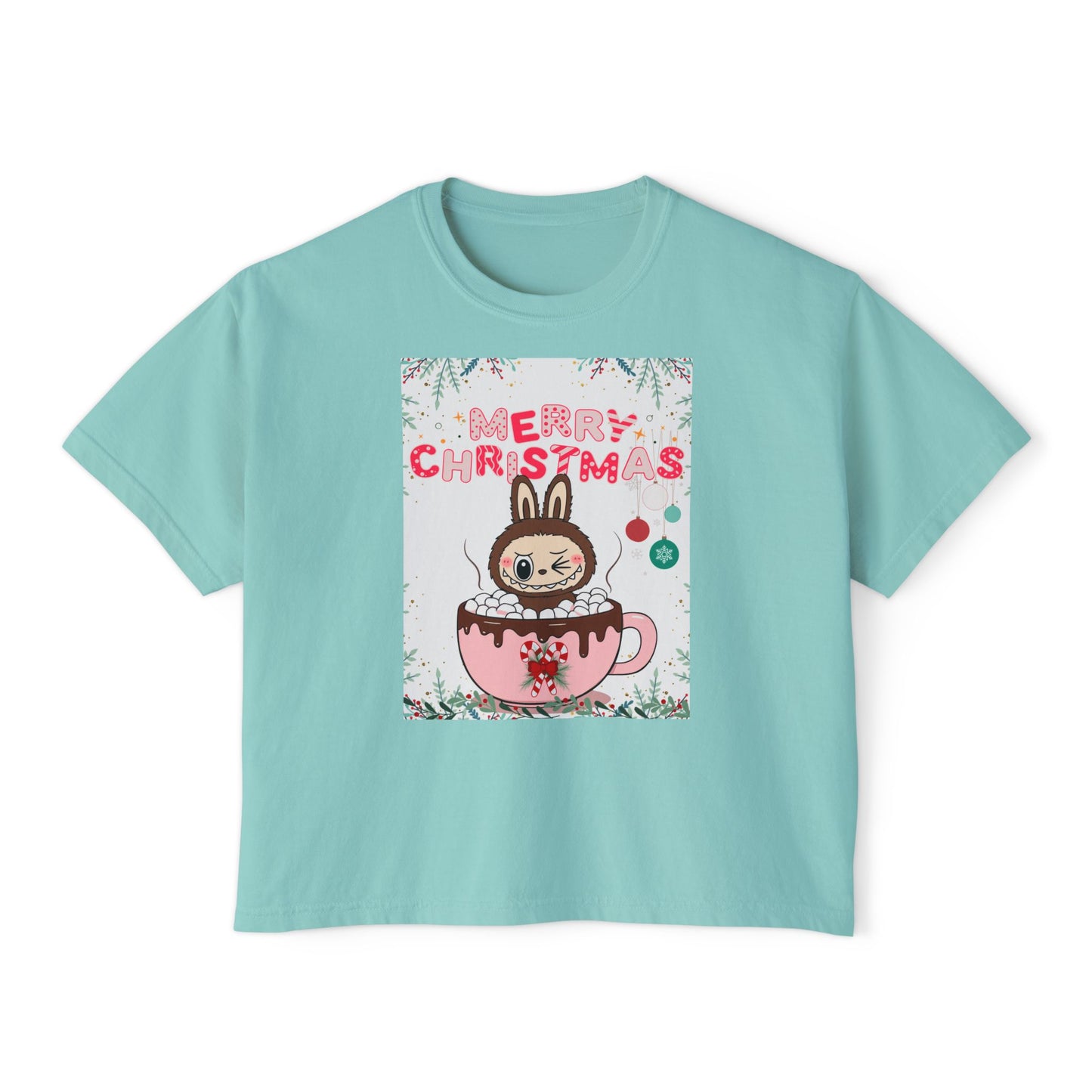 Merry Christmas Bunny Boxy Tee, Cute Christmas Shirt, Holiday Gift, Women's Christmas Top, Festive Tee for Girls