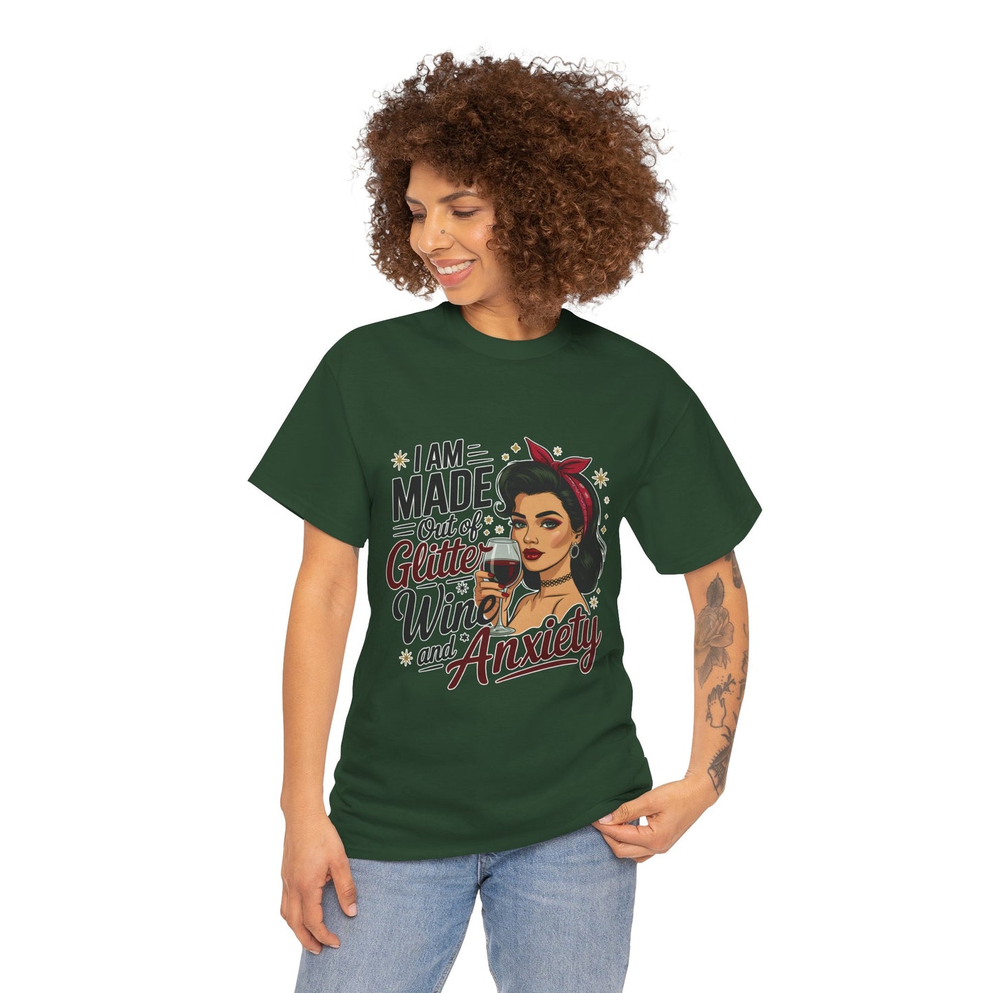 Glitter Wine & Anxiety Tee, Fun Unisex Cotton T-Shirt, Casual Gift for Wine Lovers, Relaxed Fit for Parties, Statement Top