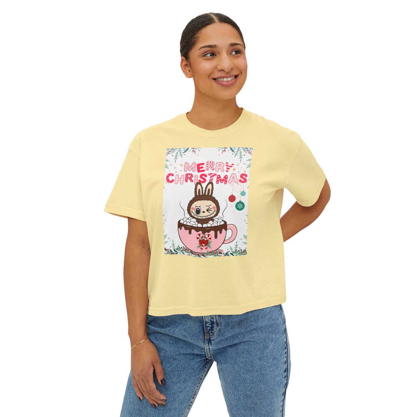 Merry Christmas Bunny Boxy Tee, Cute Christmas Shirt, Holiday Gift, Women's Christmas Top, Festive Tee for Girls